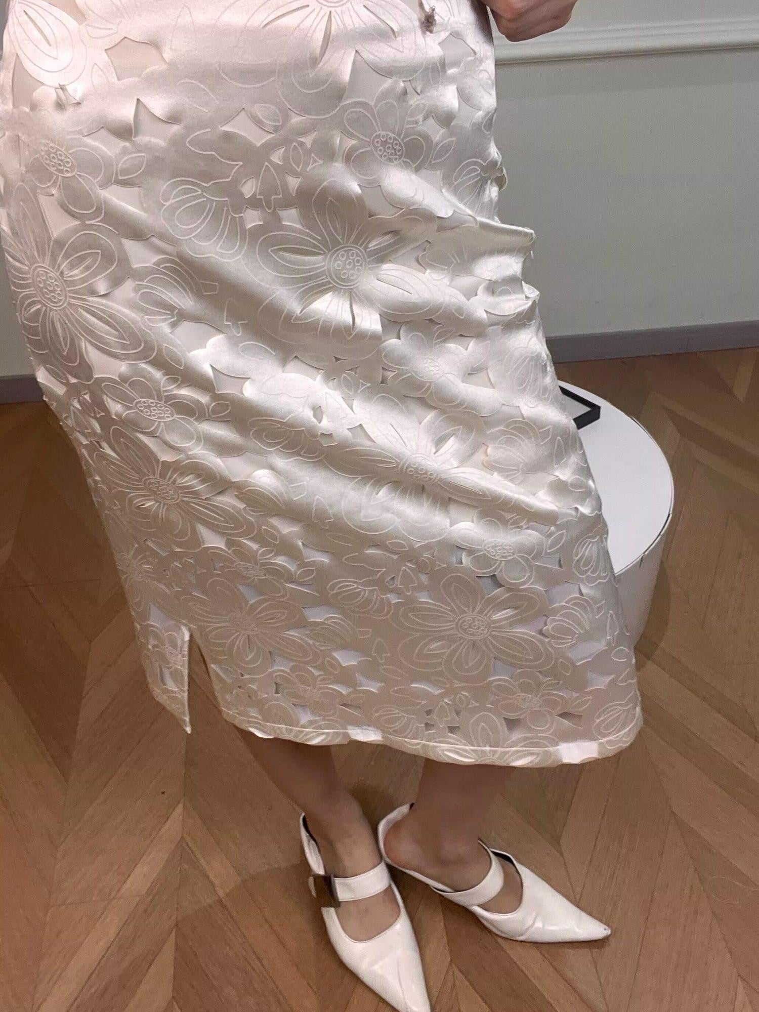 ANTIMOON Silver Window Floral Laser Cut Hollow Detail Women's Polyester Midi Skirts