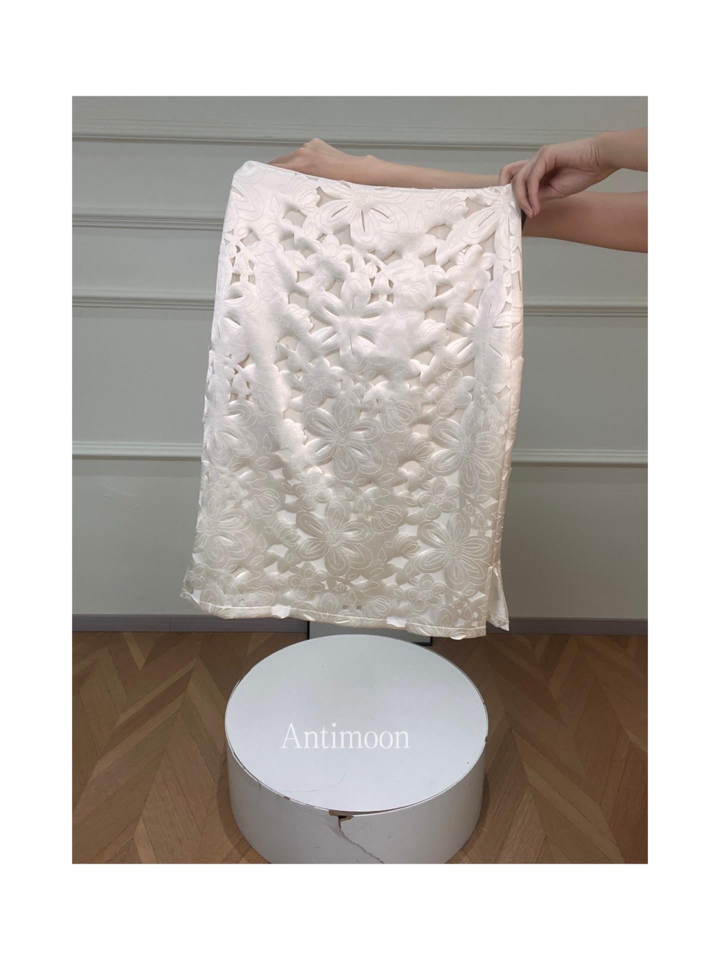 ANTIMOON Silver Window Floral Laser Cut Hollow Detail Women's Polyester Midi Skirts