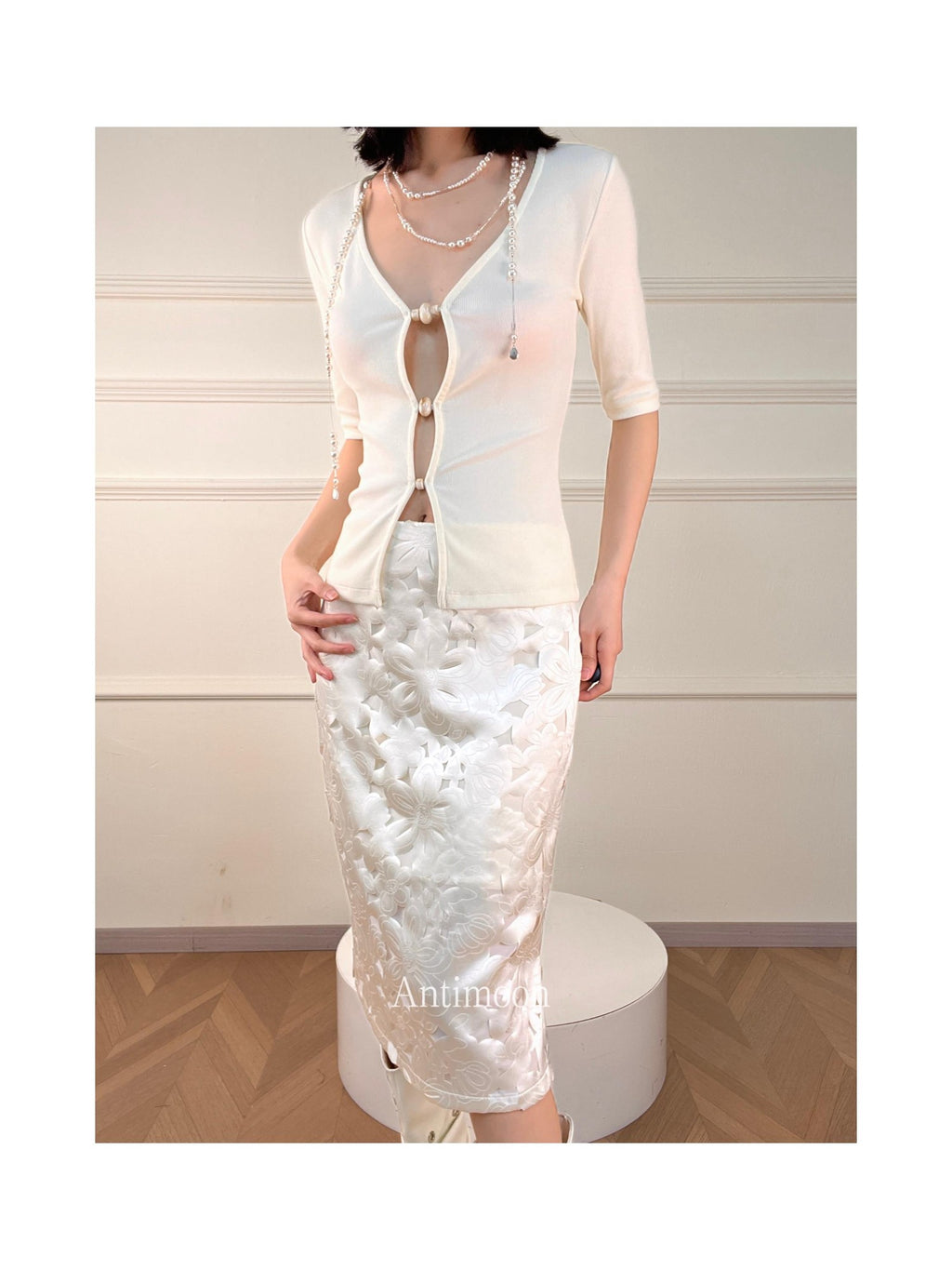 ANTIMOON Silver Window Floral Laser Cut Hollow Detail Women's Polyester Midi Skirts
