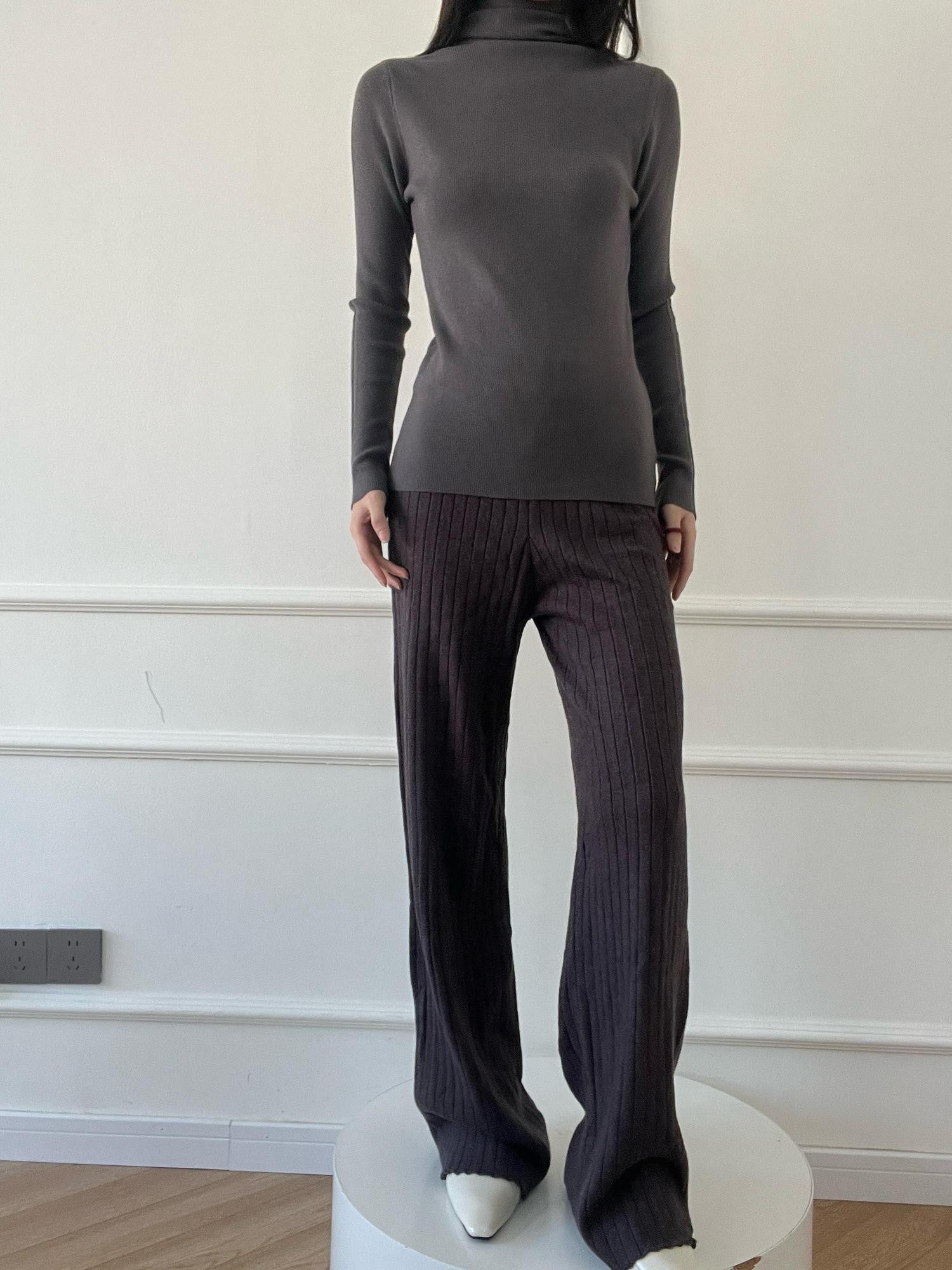 ANTIMOON Slim 3d Rib 18g Mock Neck Women's Wool Blend Long Sleeve T-shirts