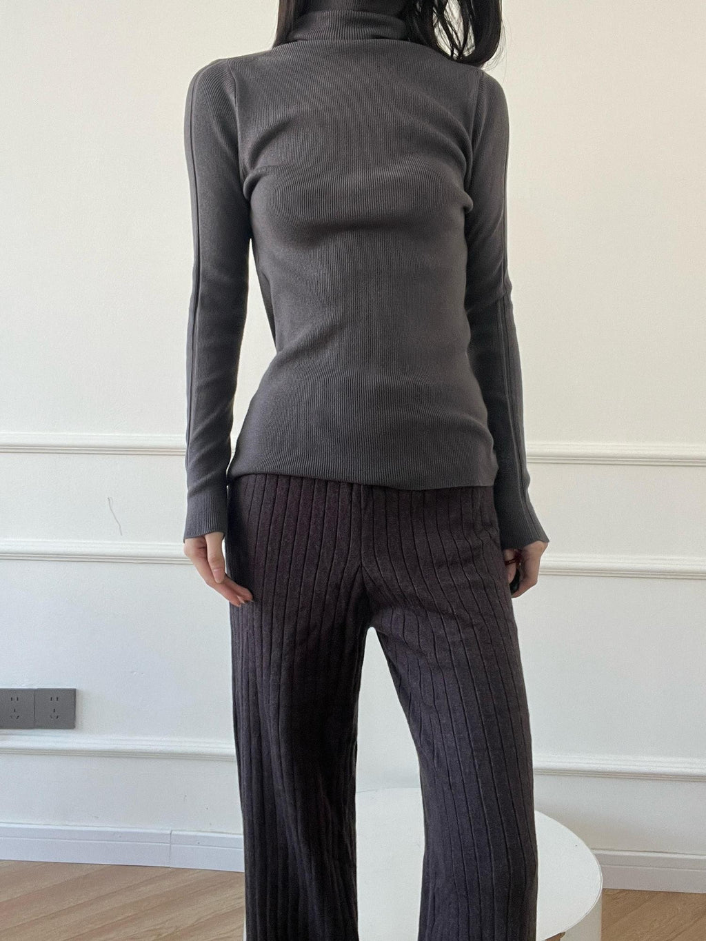 ANTIMOON Slim 3d Rib 18g Mock Neck Women's Wool Blend Long Sleeve T-shirts