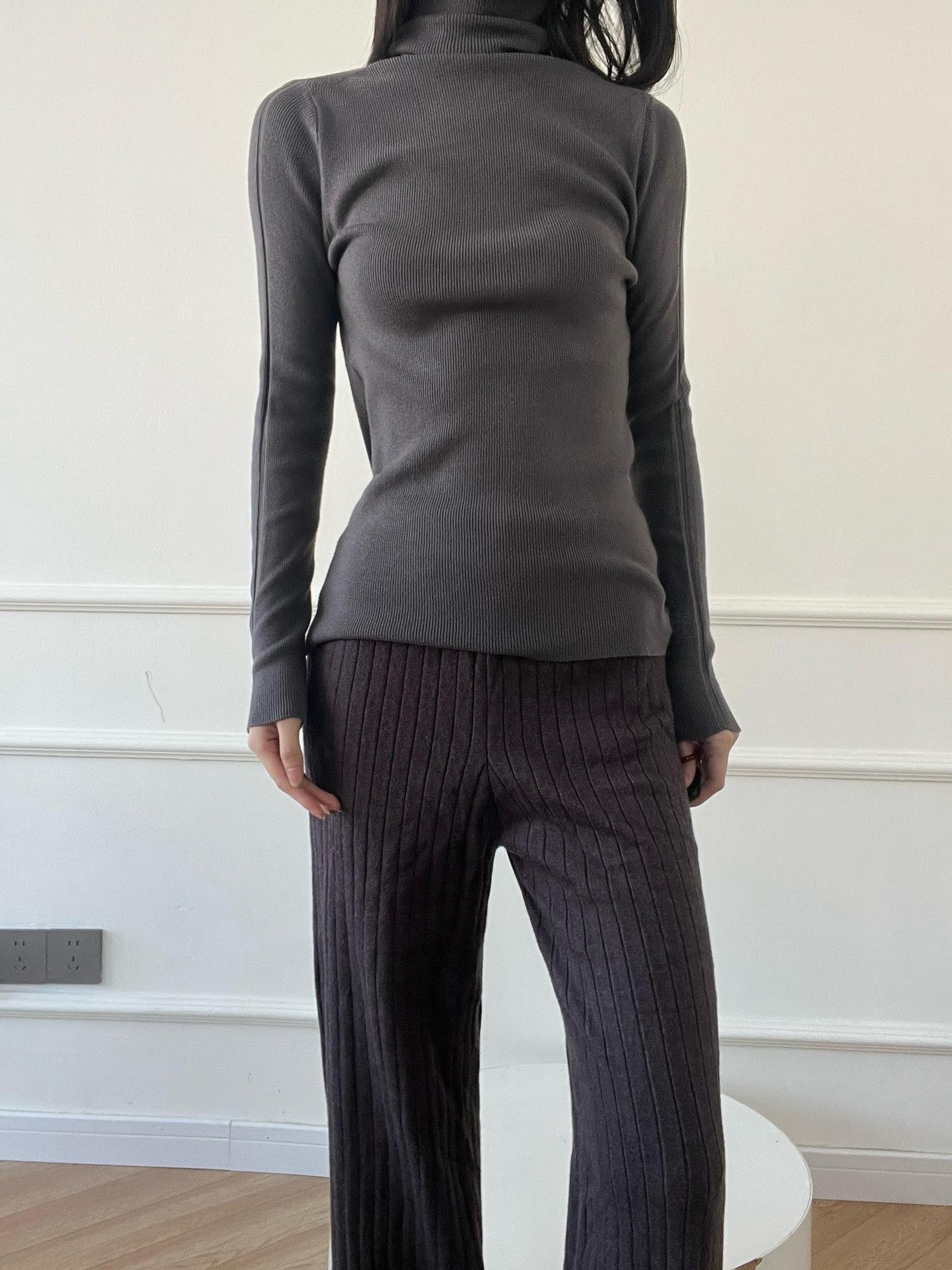 ANTIMOON Slim 3d Rib 18g Mock Neck Women's Wool Blend Long Sleeve T-shirts