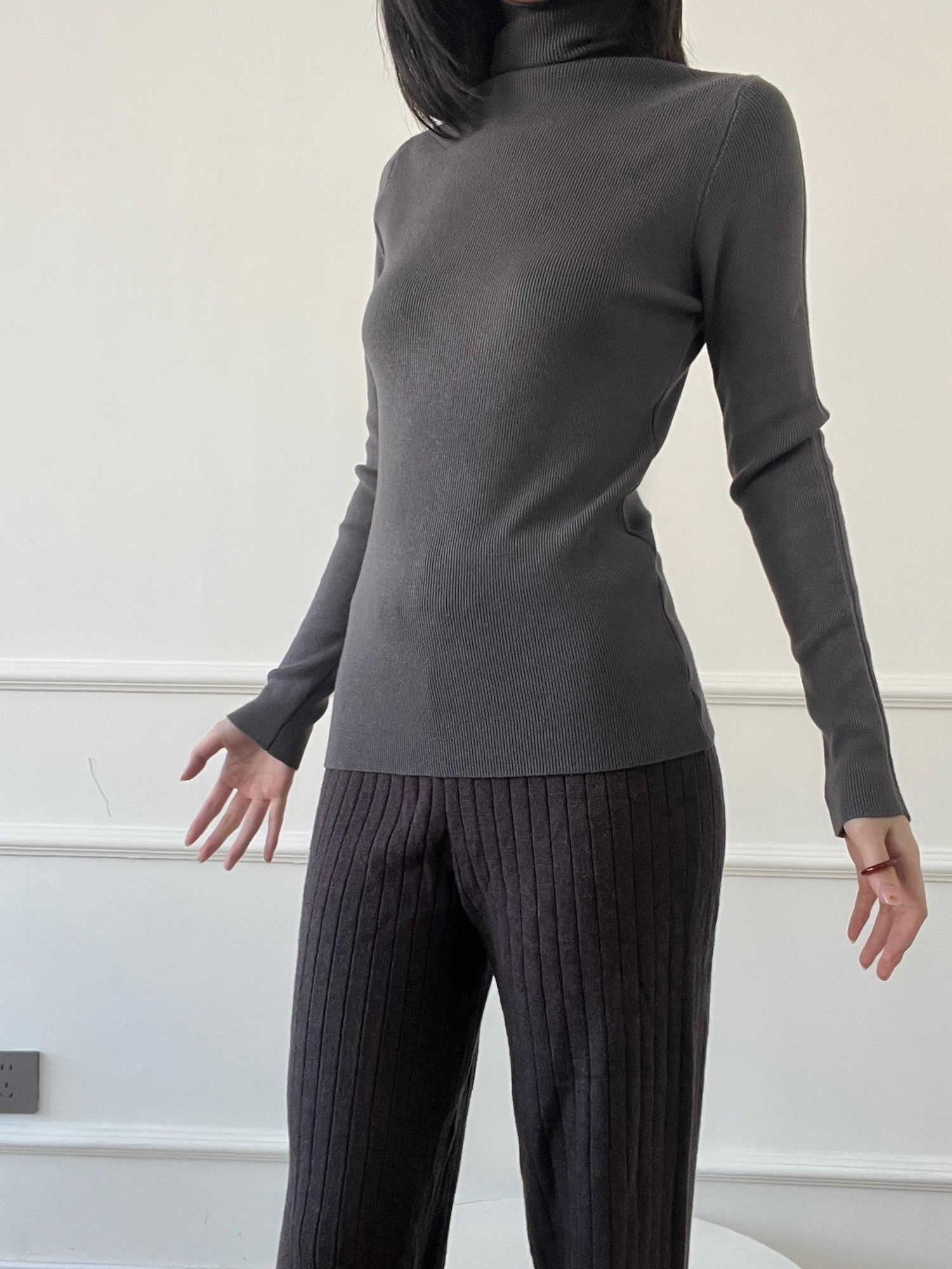 ANTIMOON Slim 3d Rib 18g Mock Neck Women's Wool Blend Long Sleeve T-shirts