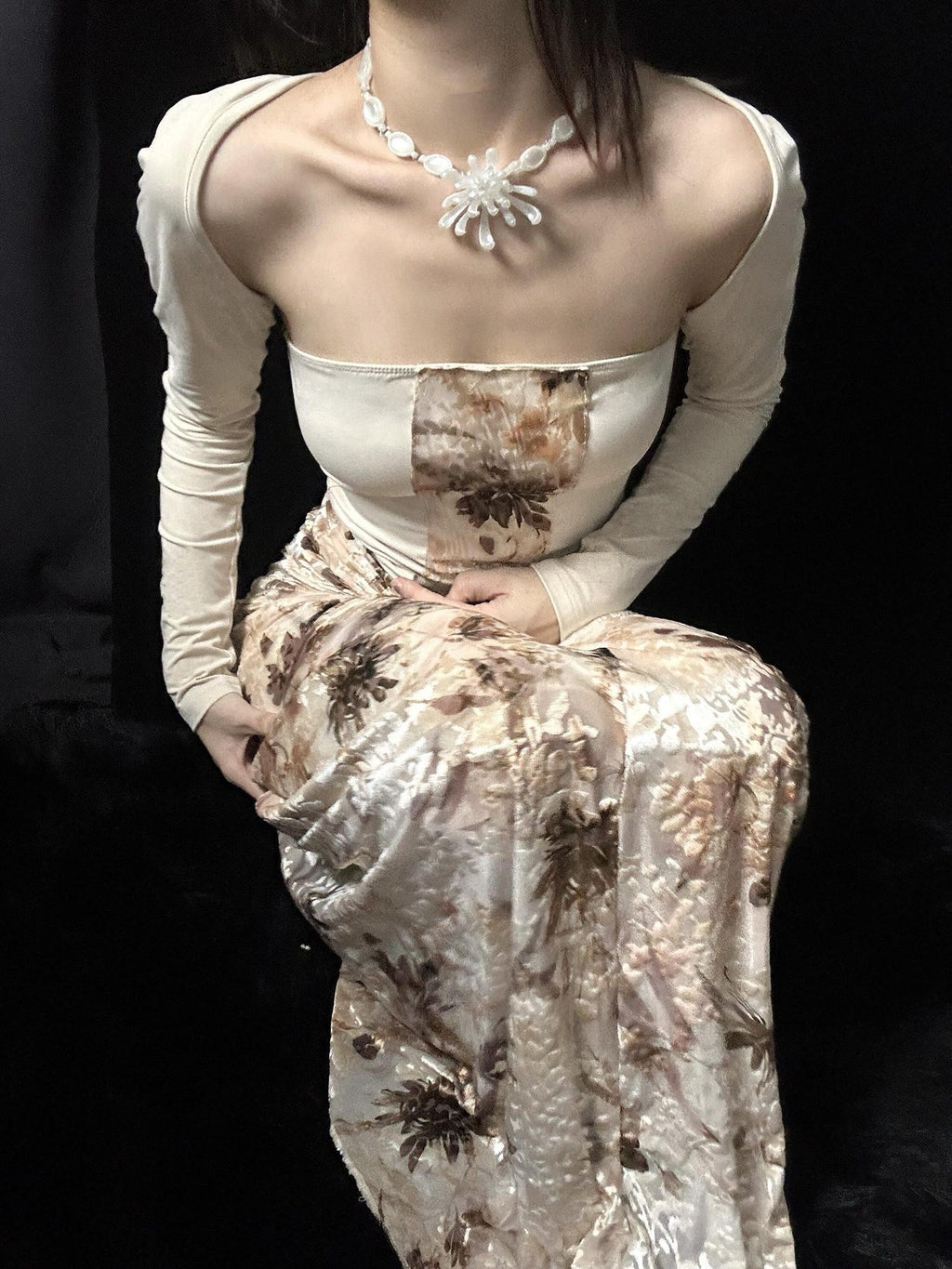ANTIMOON Smoky Tie Dye Floral New Chinese Style Women's Velvet Silk Matching Skirt Sets