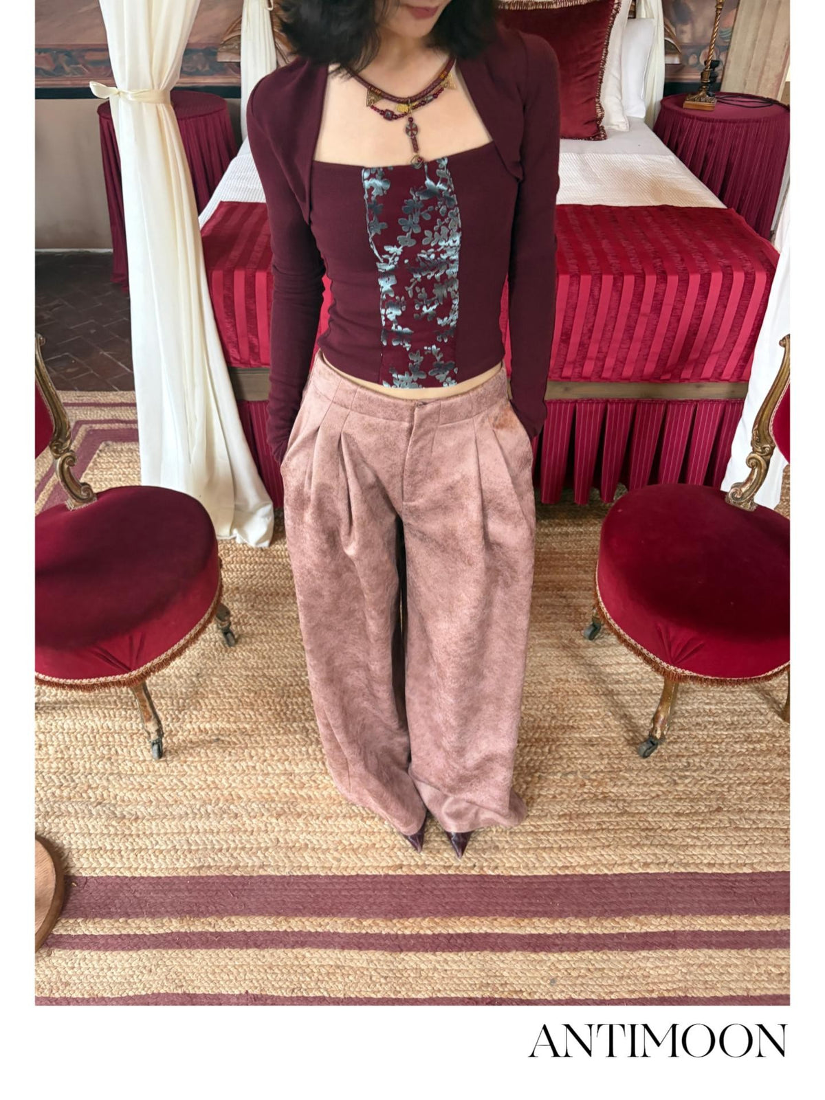 ANTIMOON Spliced Square Neck Faux Two Piece Cinched Waist Women's Cotton Long Sleeve T-shirts