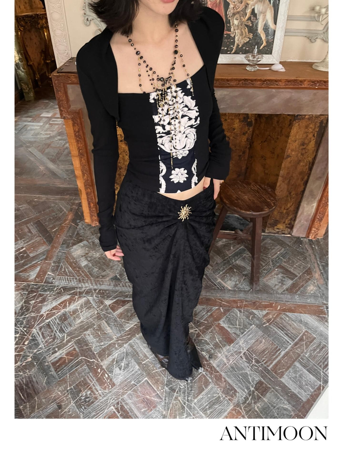 ANTIMOON Spliced Square Neck Faux Two Piece Cinched Waist Women's Cotton Long Sleeve T-shirts