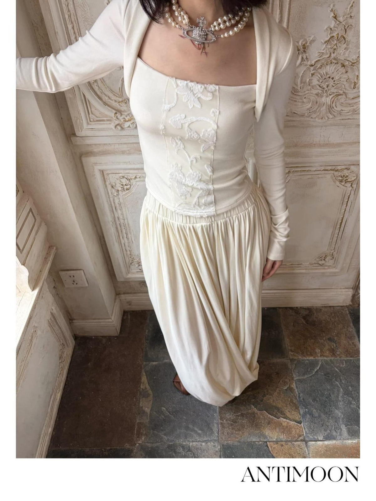 ANTIMOON Spliced Square Neck Faux Two Piece Cinched Waist Women's Cotton Long Sleeve T-shirts