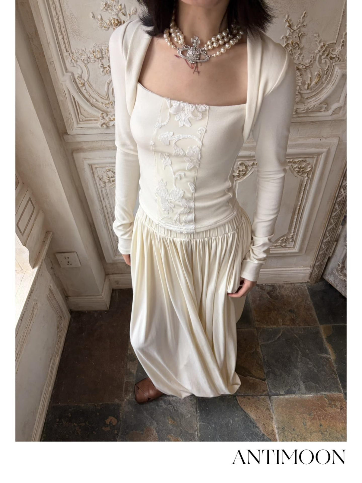 ANTIMOON Spliced Square Neck Faux Two Piece Cinched Waist Women's Cotton Long Sleeve T-shirts