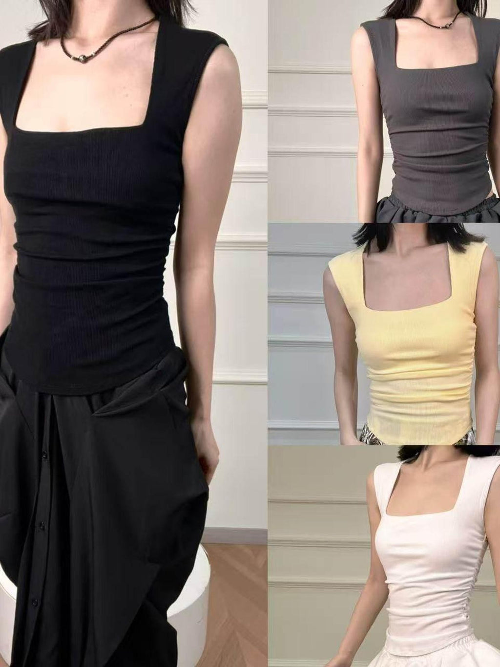 ANTIMOON Square Neck Shirred Slim Wide Strap Women's Cotton Blend Tank Tops