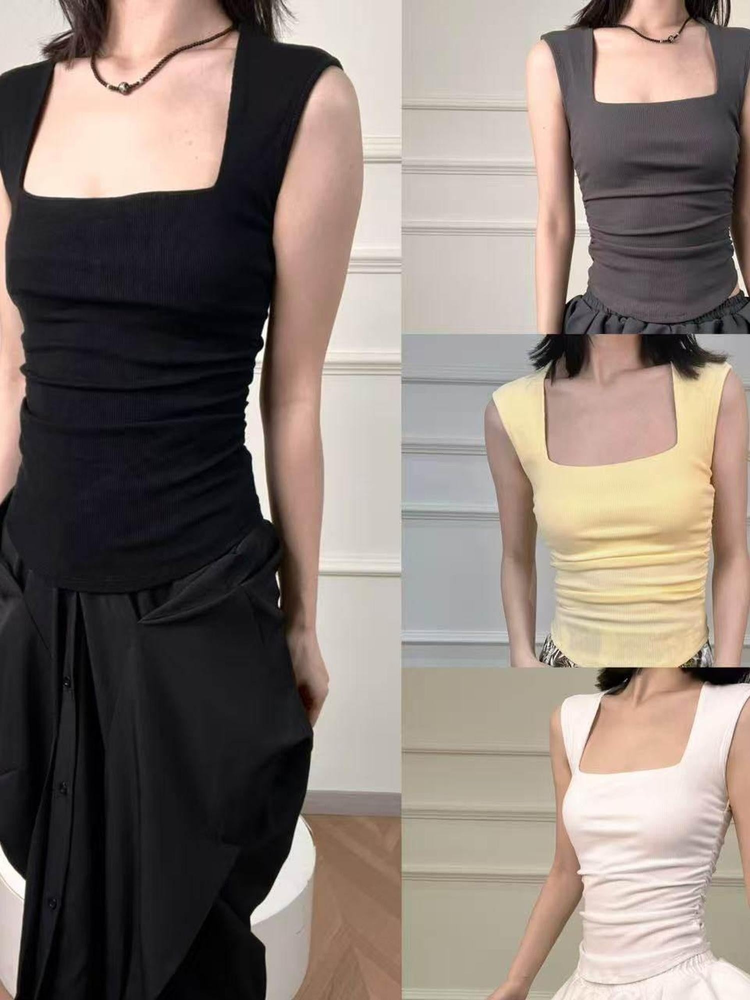 ANTIMOON Square Neck Shirred Slim Wide Strap Women's Cotton Blend Tank Tops