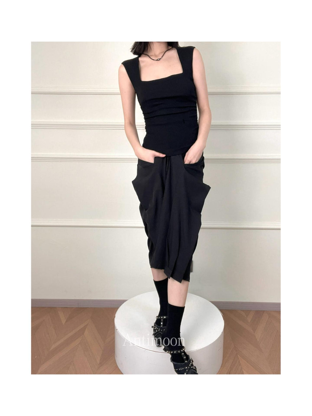 ANTIMOON Square Neck Shirred Slim Wide Strap Women's Cotton Blend Tank Tops