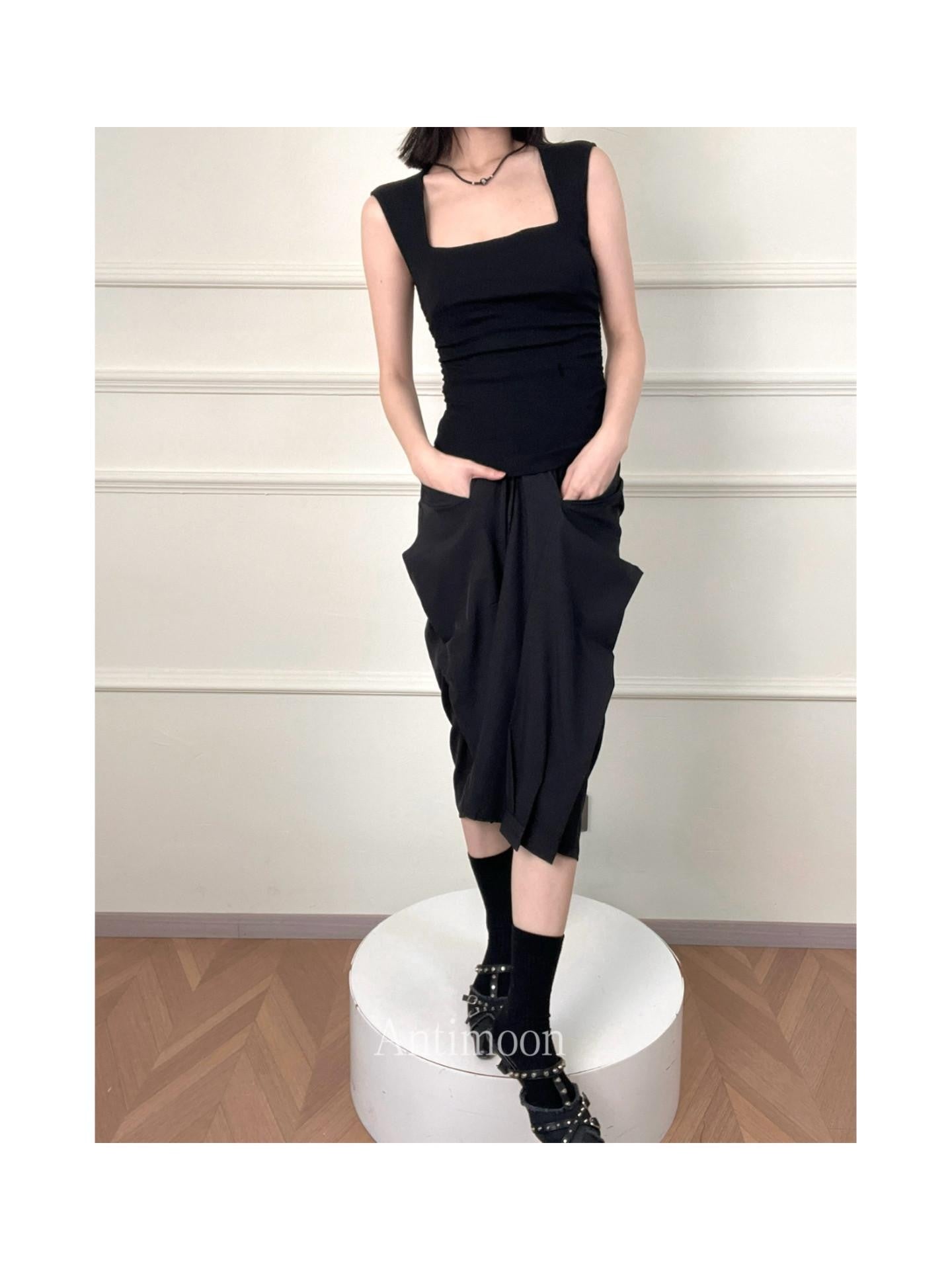ANTIMOON Square Neck Shirred Slim Wide Strap Women's Cotton Blend Tank Tops