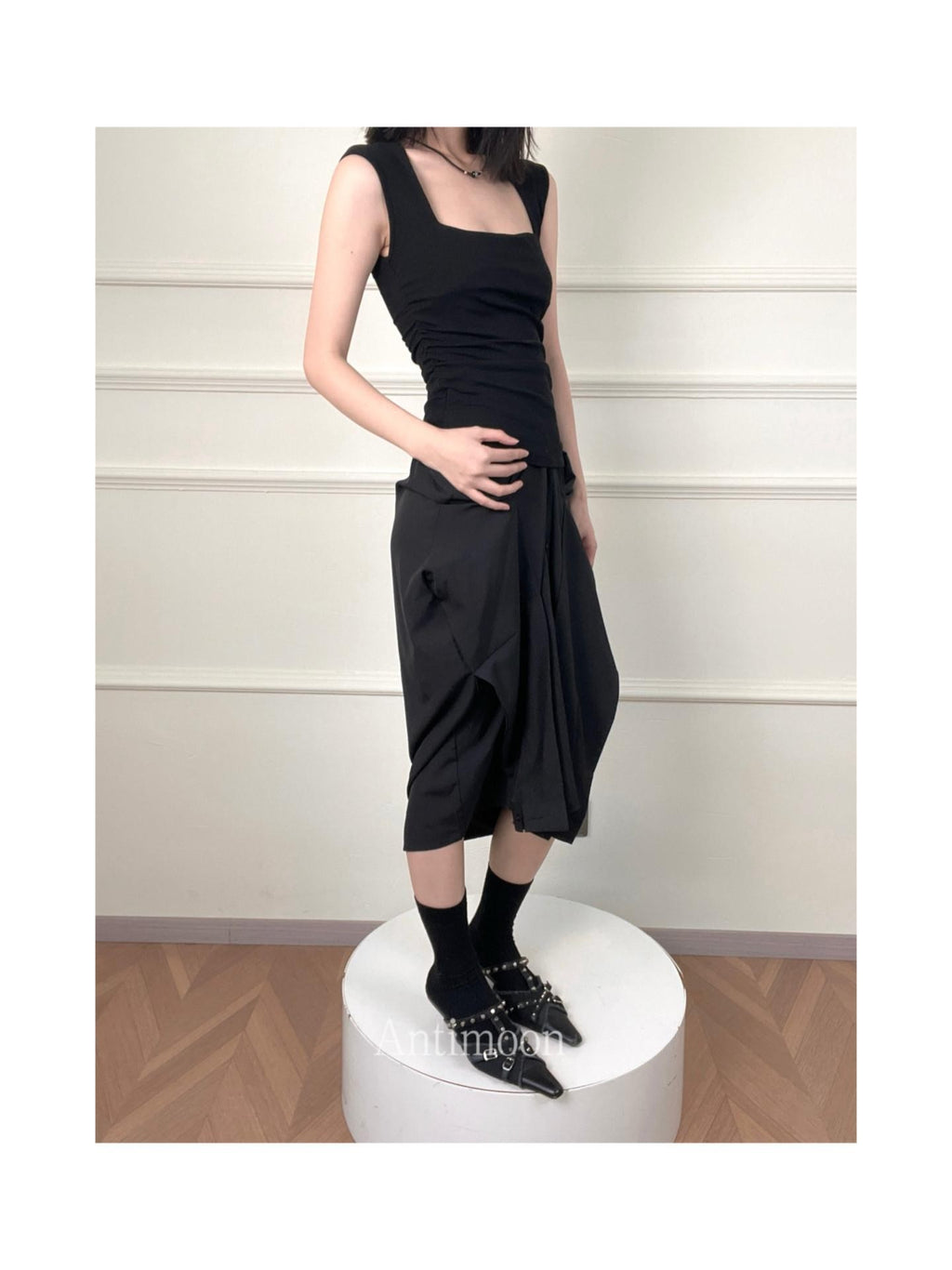 ANTIMOON Square Neck Shirred Slim Wide Strap Women's Cotton Blend Tank Tops