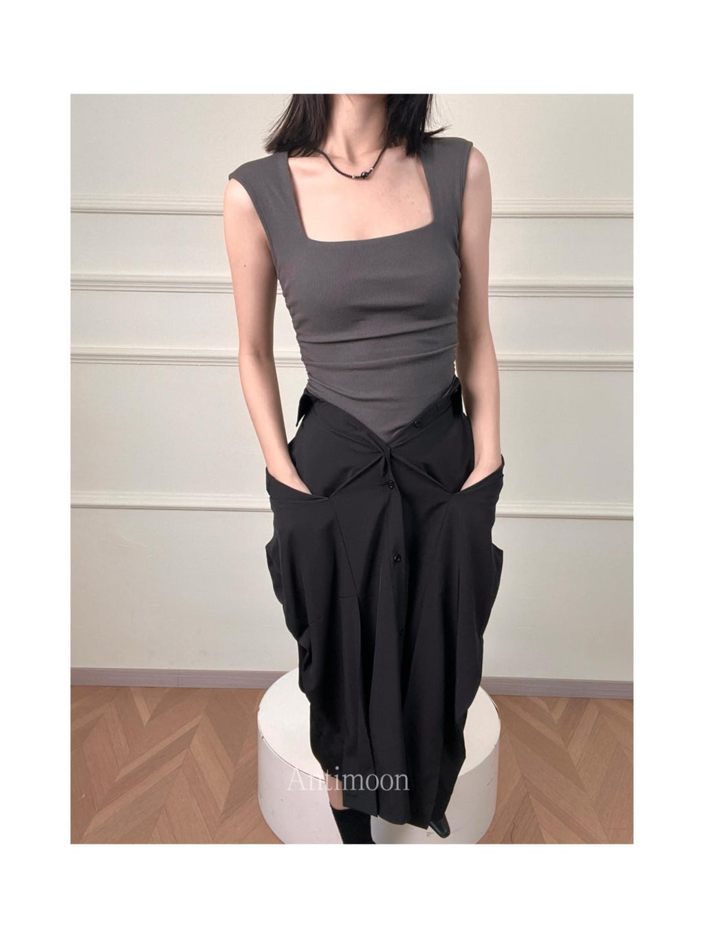 ANTIMOON Square Neck Shirred Slim Wide Strap Women's Cotton Blend Tank Tops