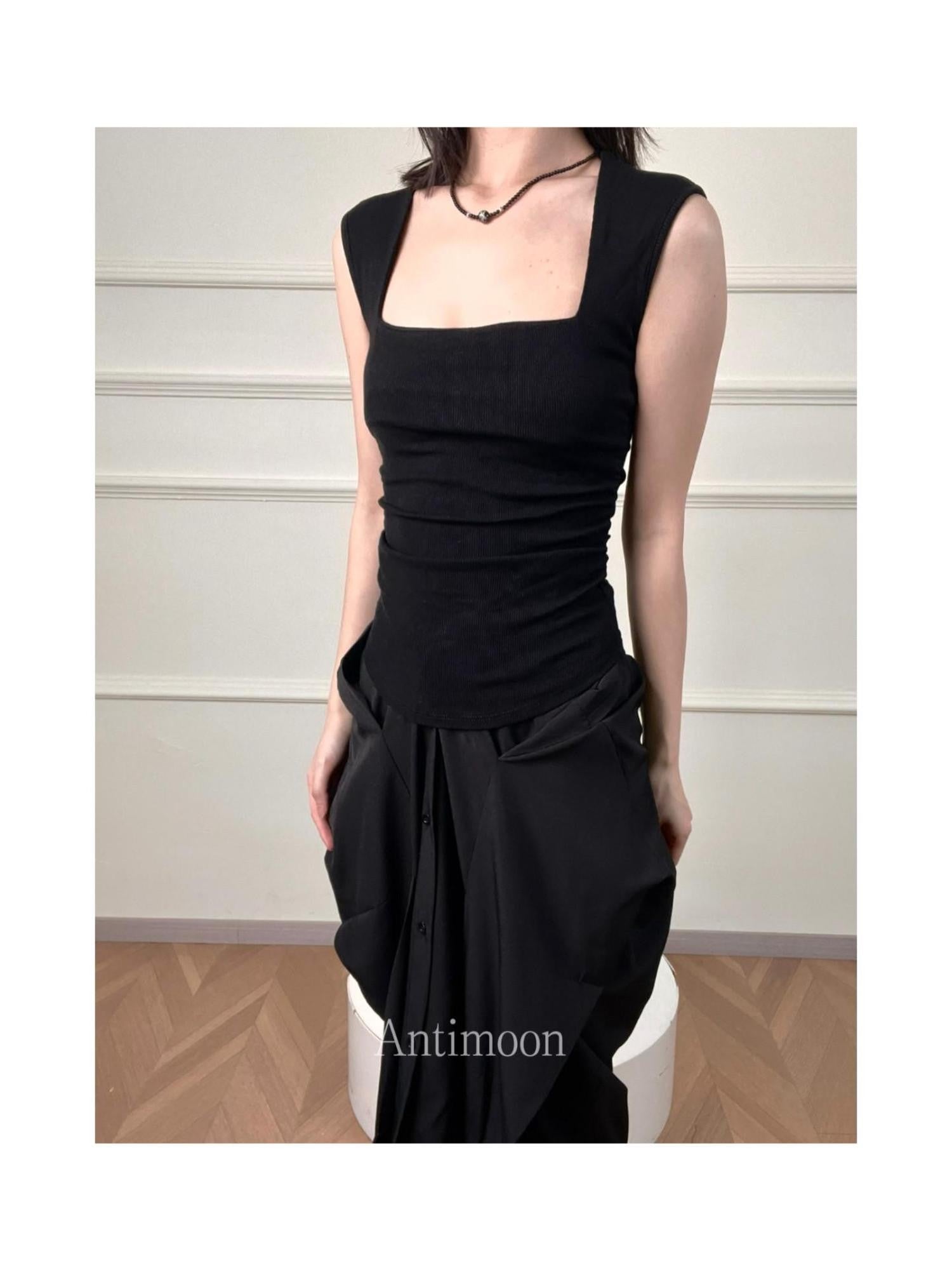 ANTIMOON Square Neck Shirred Slim Wide Strap Women's Cotton Blend Tank Tops