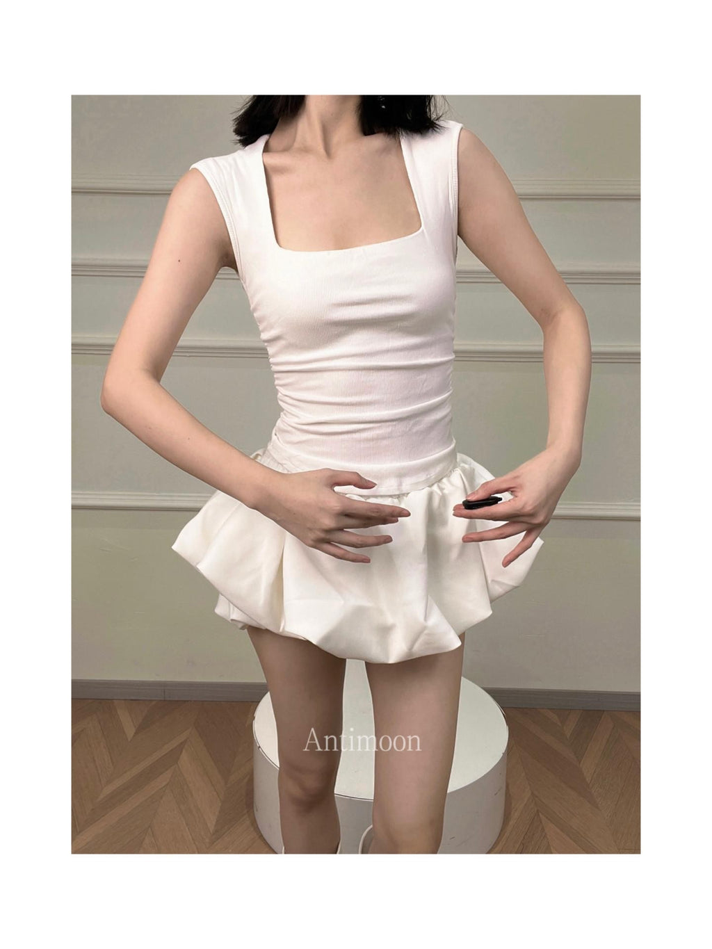 ANTIMOON Square Neck Shirred Slim Wide Strap Women's Cotton Blend Tank Tops