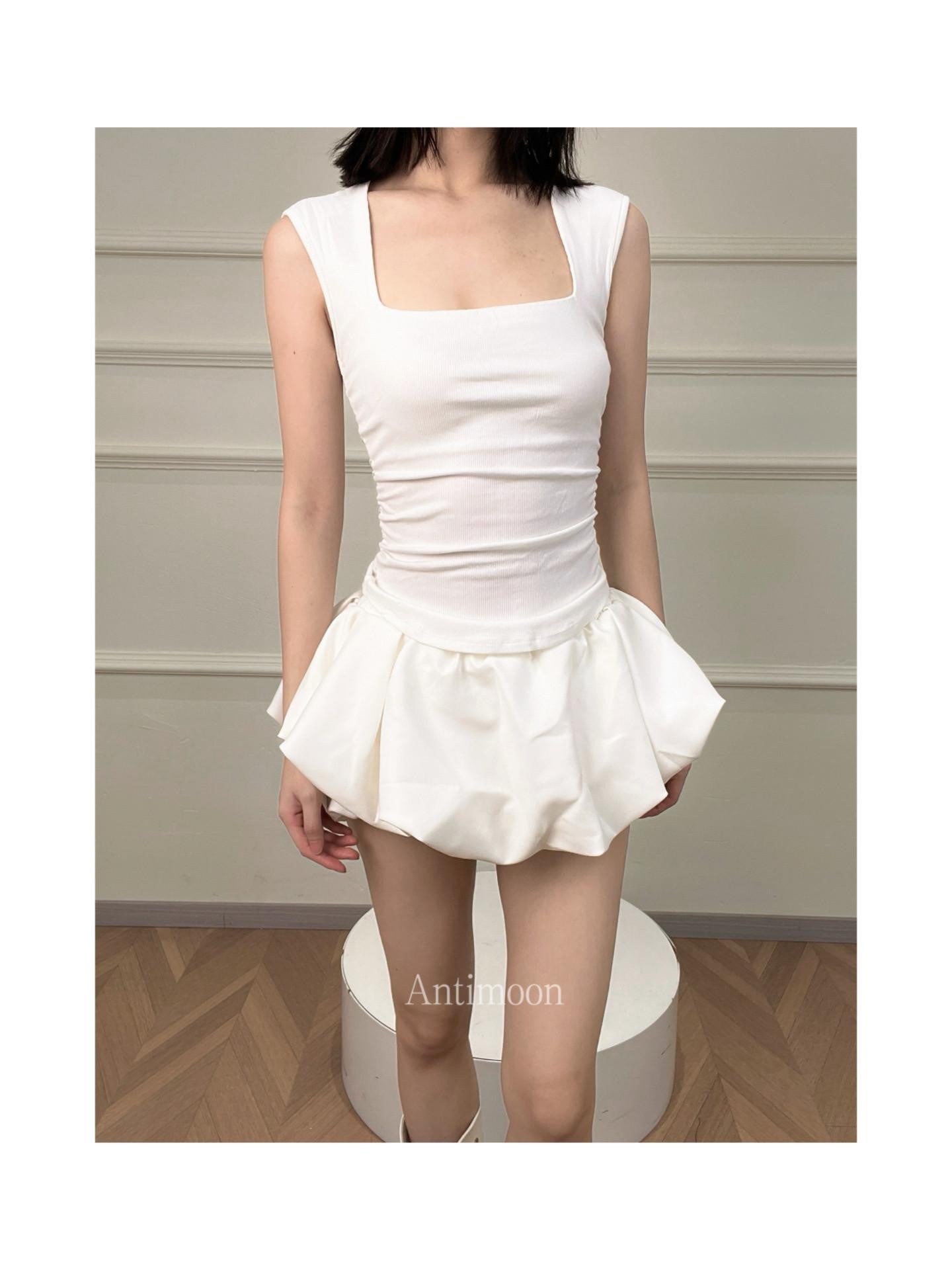 ANTIMOON Square Neck Shirred Slim Wide Strap Women's Cotton Blend Tank Tops