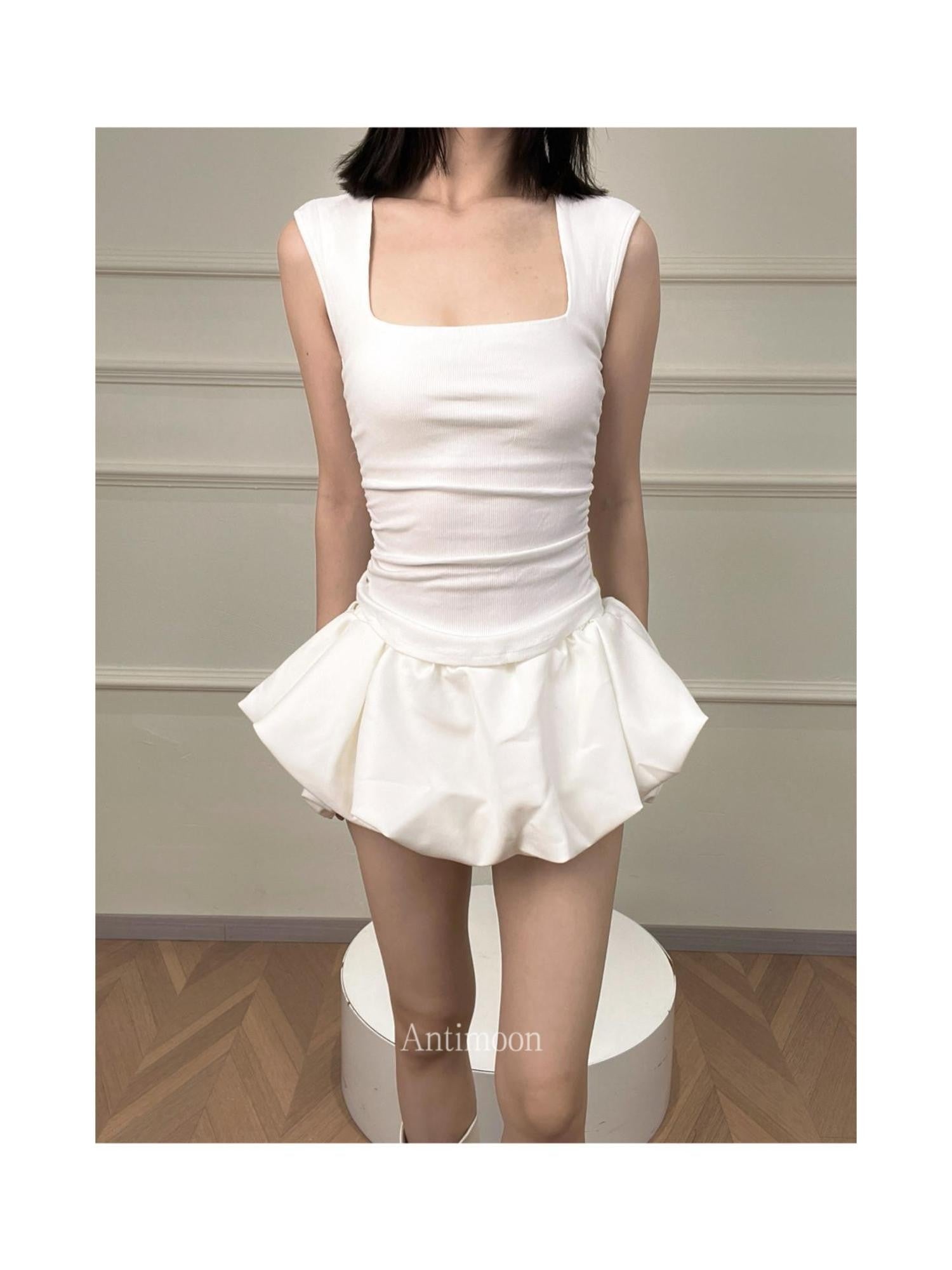 ANTIMOON Square Neck Shirred Slim Wide Strap Women's Cotton Blend Tank Tops