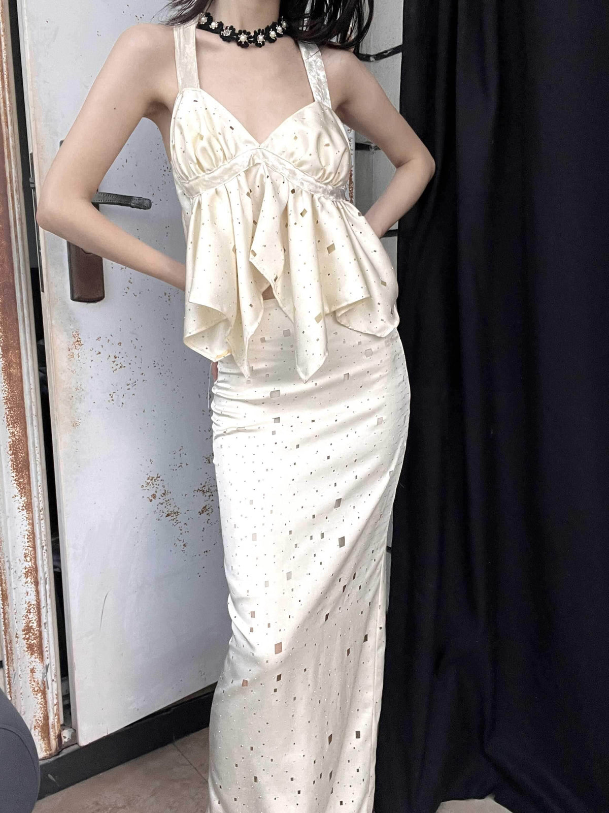 ANTIMOON_Star_Laser_Cut_Rhinestone_Halter_V-neck_Women's_Polyester_Matching_Skirt_Sets_827954187284_MISSTT