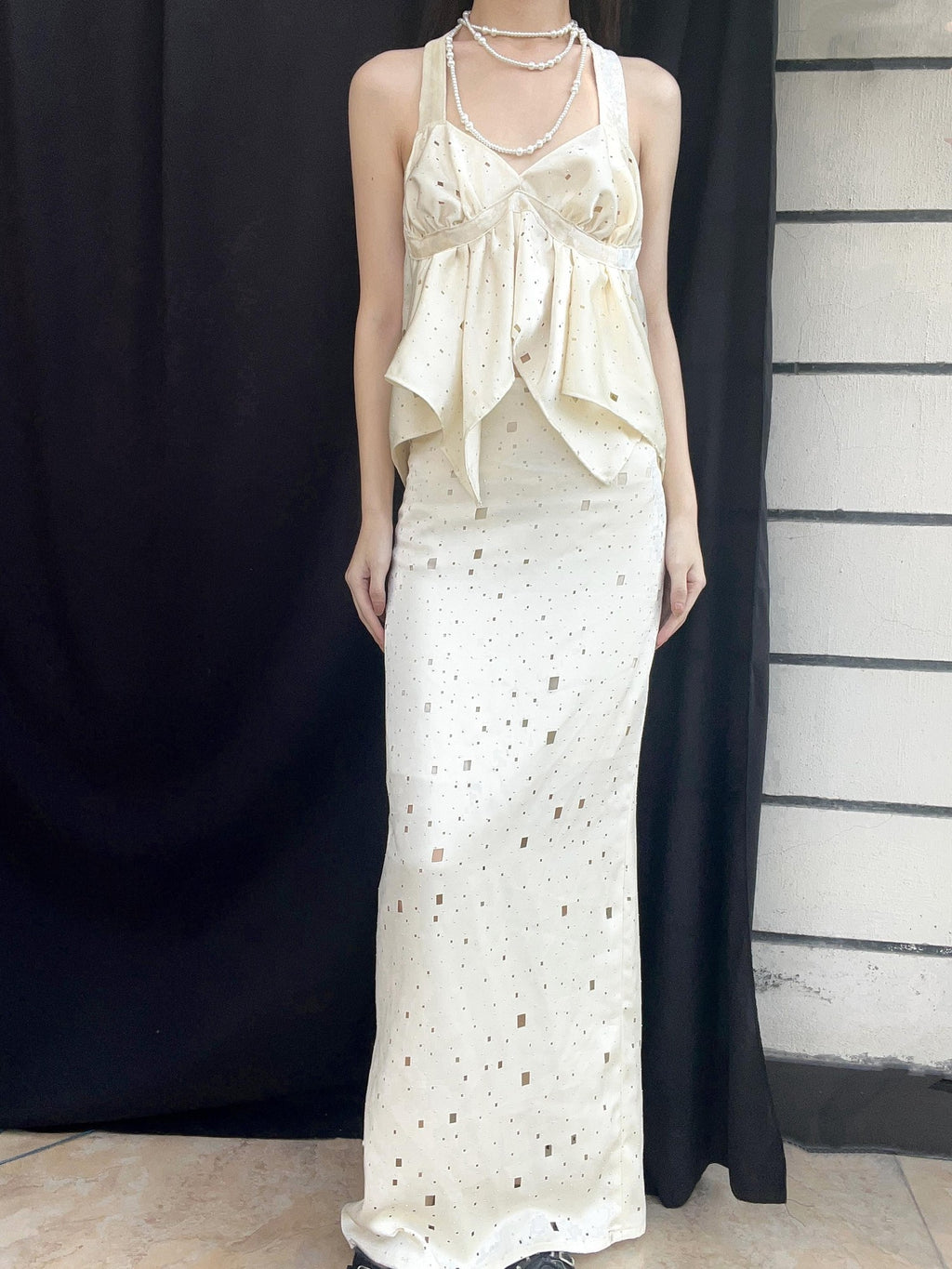 ANTIMOON Star Laser Cut Rhinestone Halter V-neck Women's Polyester Matching Skirt Sets