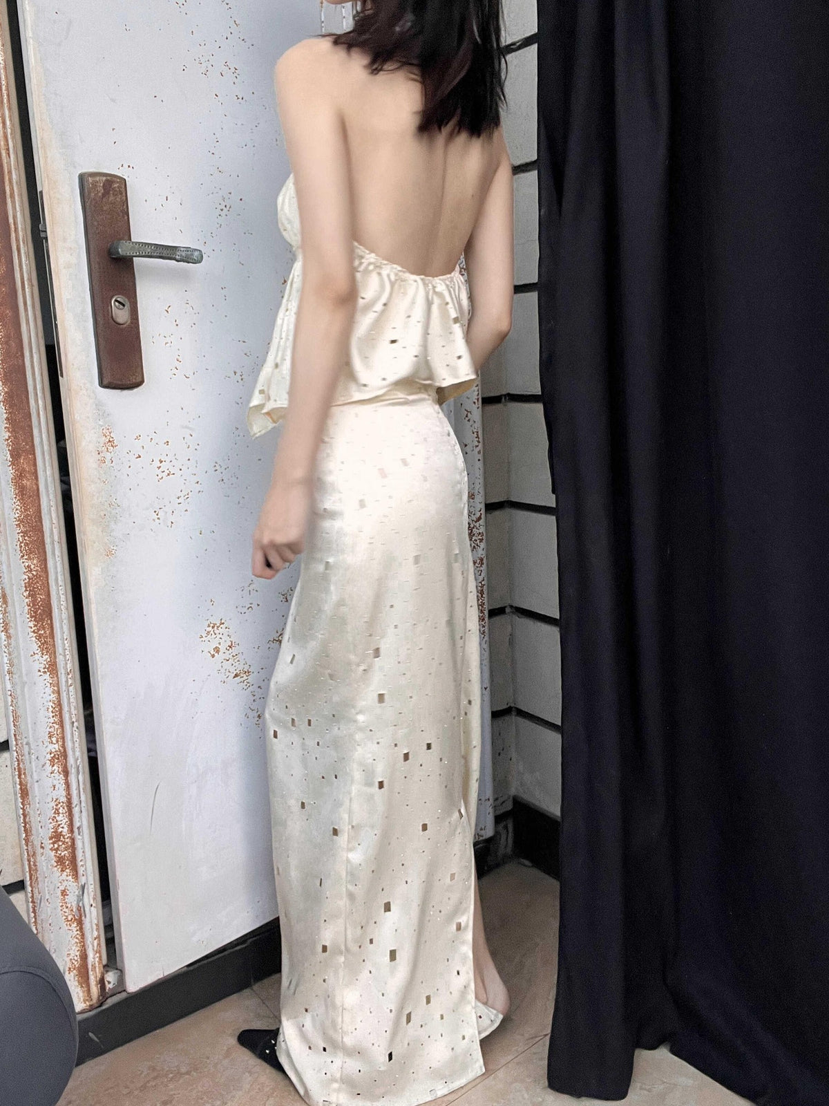 ANTIMOON Star Laser Cut Rhinestone Halter V-neck Women's Polyester Matching Skirt Sets