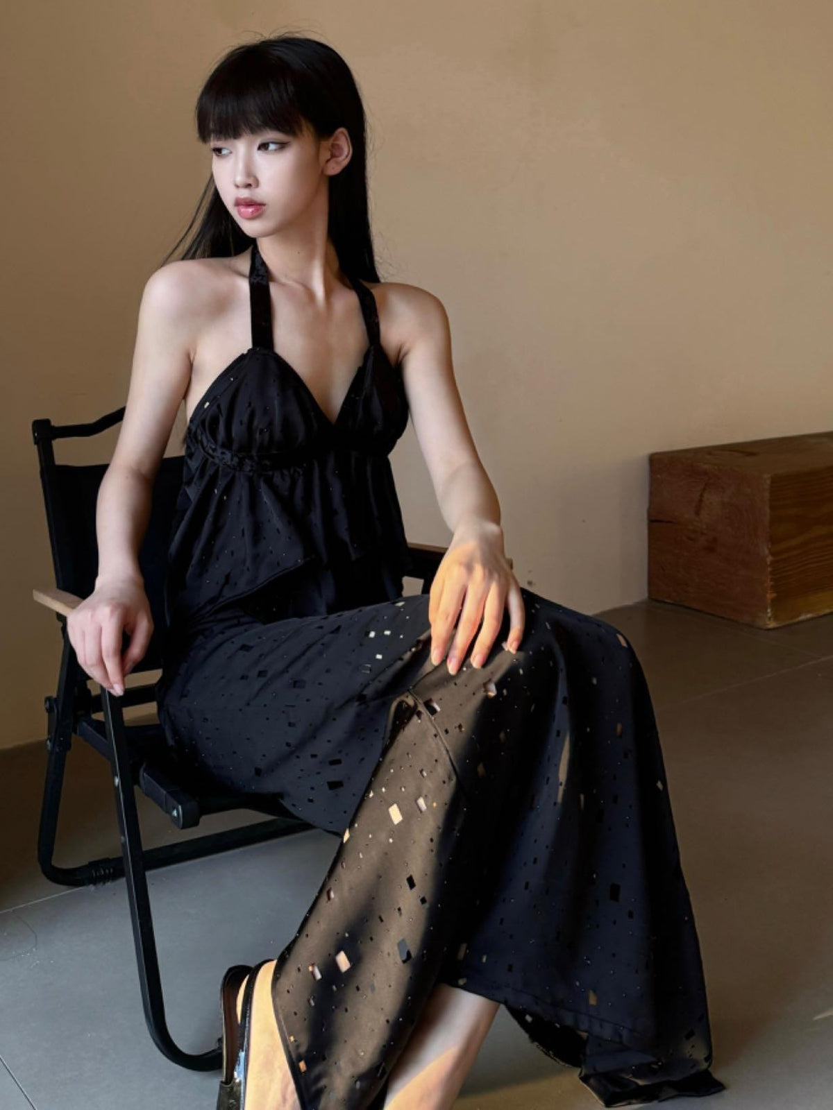 ANTIMOON Star Laser Cut Rhinestone Halter V-neck Women's Polyester Matching Skirt Sets