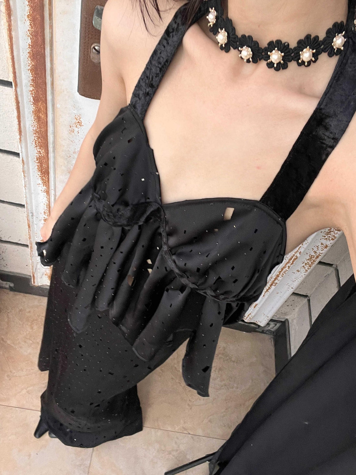ANTIMOON Star Laser Cut Rhinestone Halter V-neck Women's Polyester Matching Skirt Sets