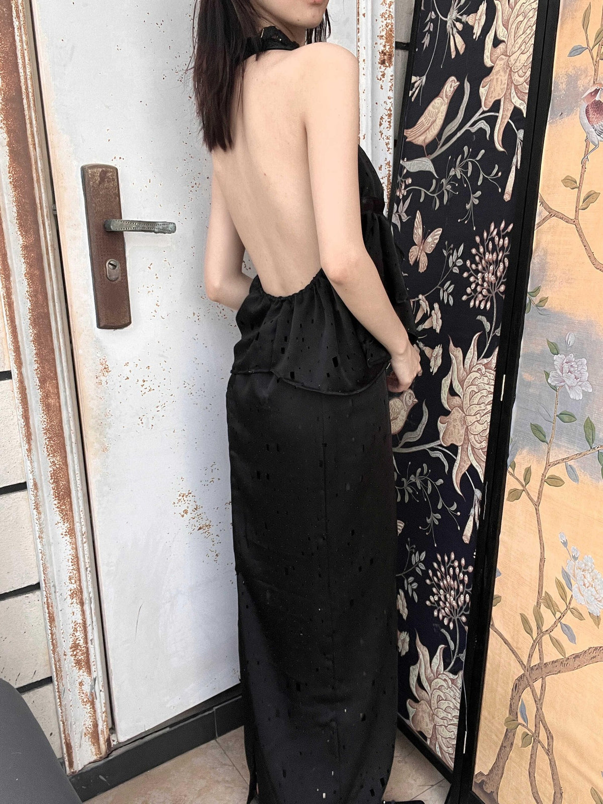 ANTIMOON Star Laser Cut Rhinestone Halter V-neck Women's Polyester Matching Skirt Sets
