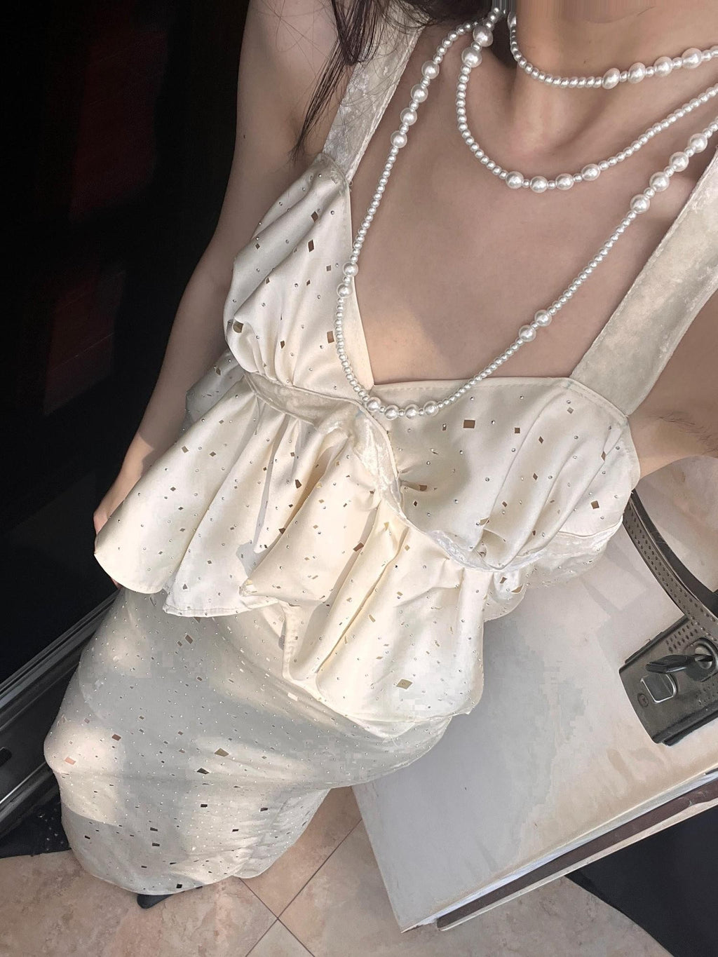 ANTIMOON Star Laser Cut Rhinestone Halter V-neck Women's Polyester Matching Skirt Sets
