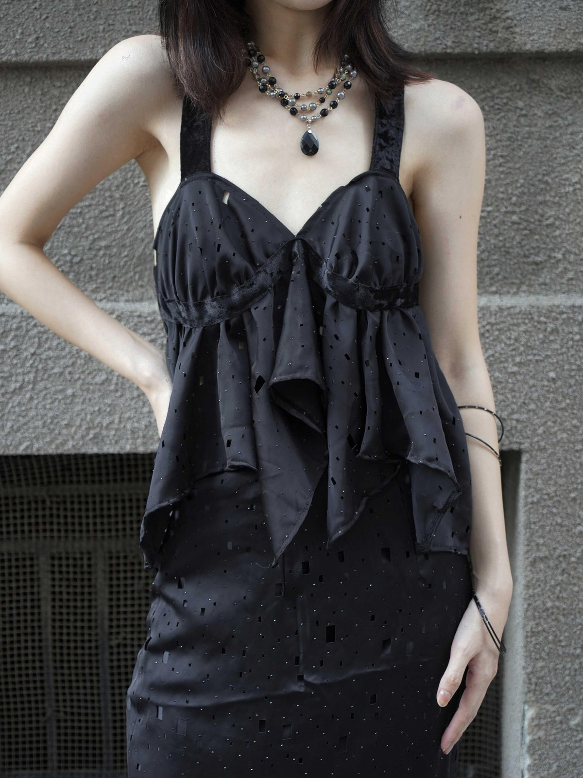ANTIMOON Star Laser Cut Rhinestone Halter V-neck Women's Polyester Matching Skirt Sets
