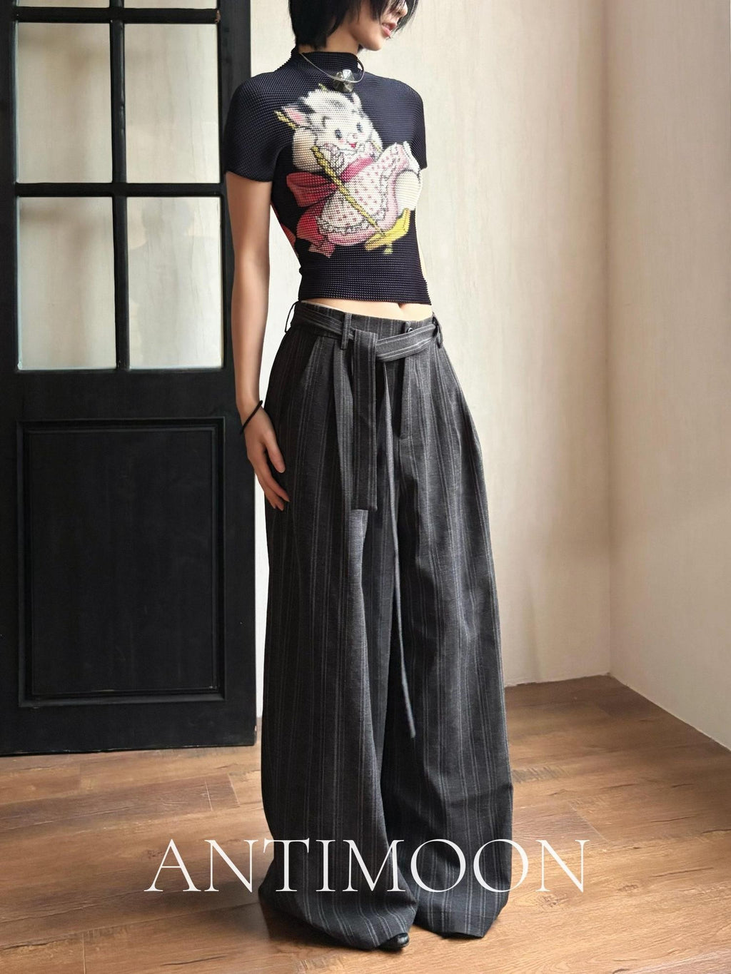 ANTIMOON Striped Lace Up High Waist Anti Wrinkle Women's Hemp Drapey Wide-leg Pants