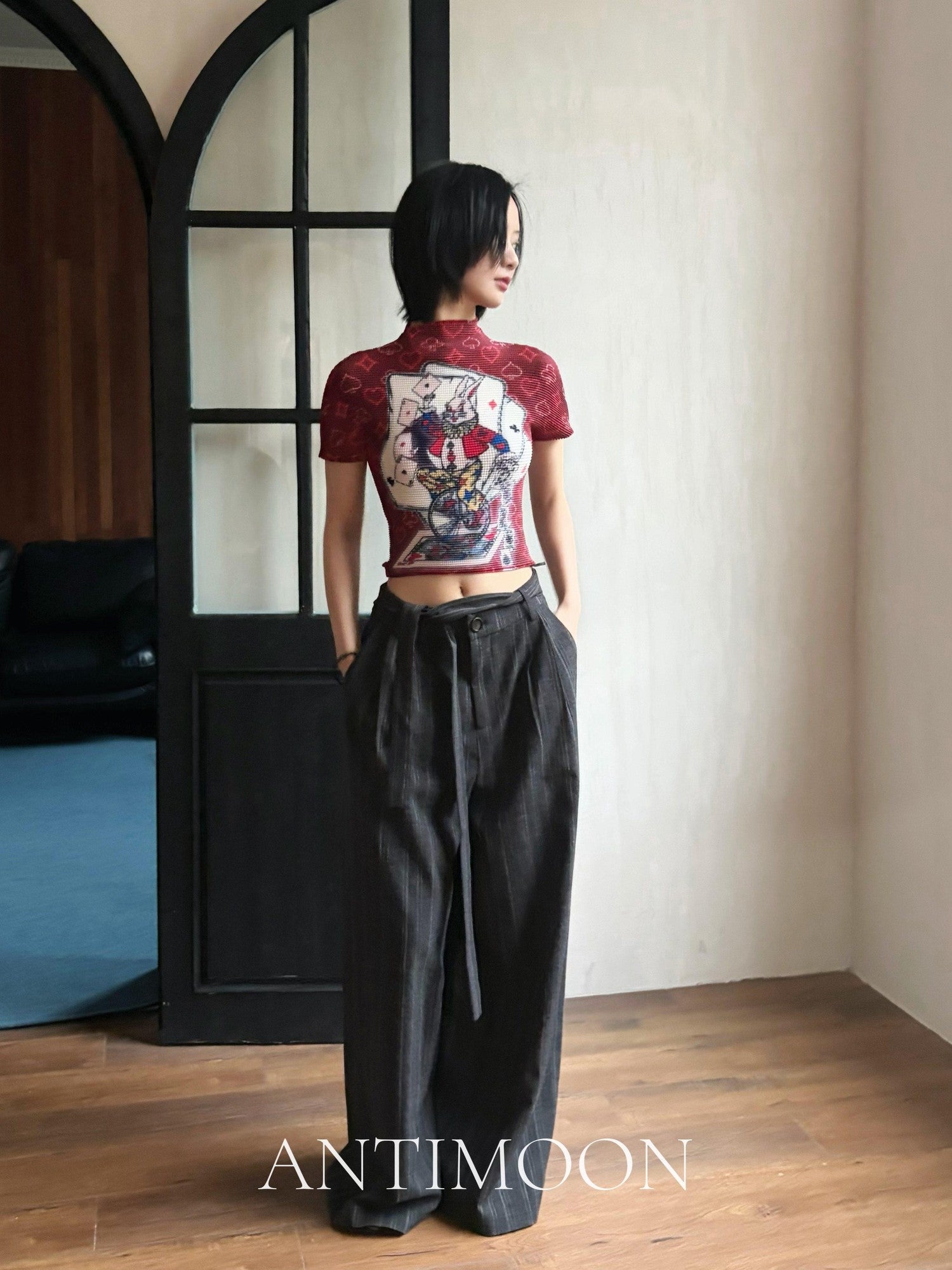 ANTIMOON Striped Lace Up High Waist Anti Wrinkle Women's Hemp Drapey Wide-leg Pants