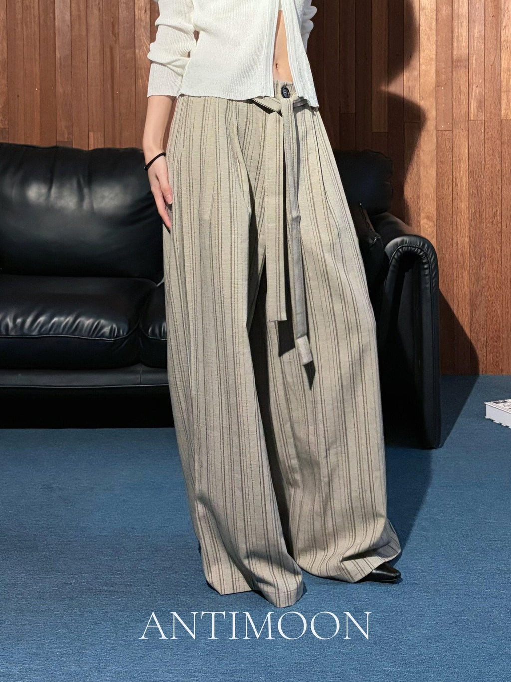 ANTIMOON Striped Lace Up High Waist Anti Wrinkle Women's Hemp Drapey Wide-leg Pants
