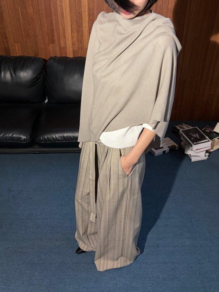 ANTIMOON Striped Lace Up High Waist Anti Wrinkle Women's Hemp Drapey Wide-leg Pants