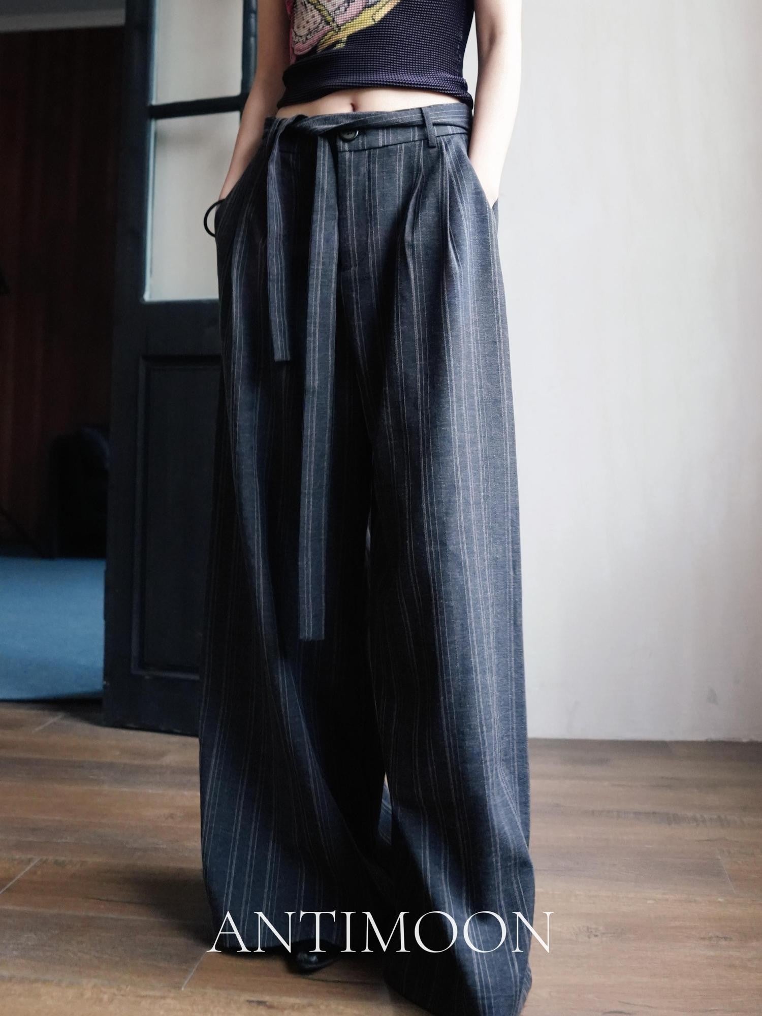 ANTIMOON Striped Lace Up High Waist Anti Wrinkle Women's Hemp Drapey Wide-leg Pants