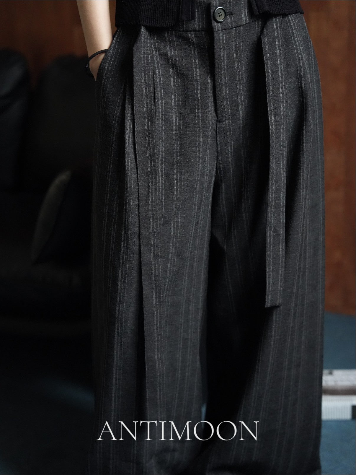 ANTIMOON Striped Lace Up High Waist Anti Wrinkle Women's Hemp Drapey Wide-leg Pants