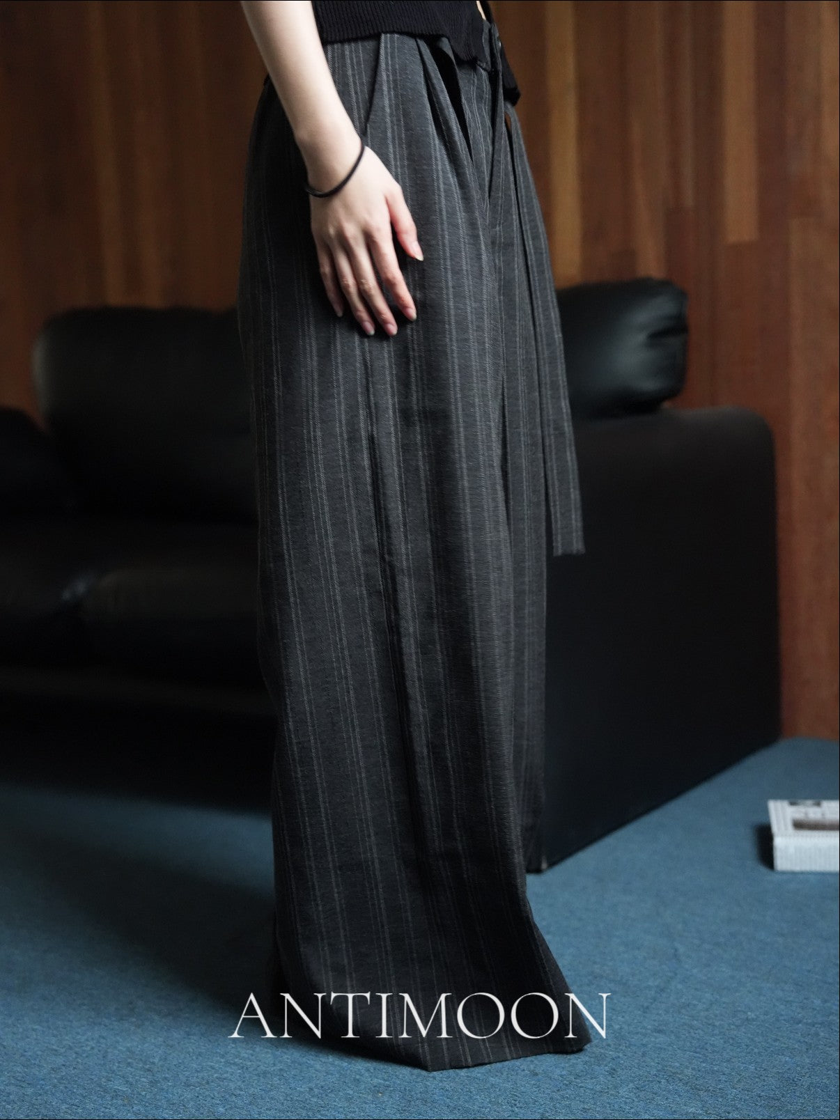 ANTIMOON Striped Lace Up High Waist Anti Wrinkle Women's Hemp Drapey Wide-leg Pants