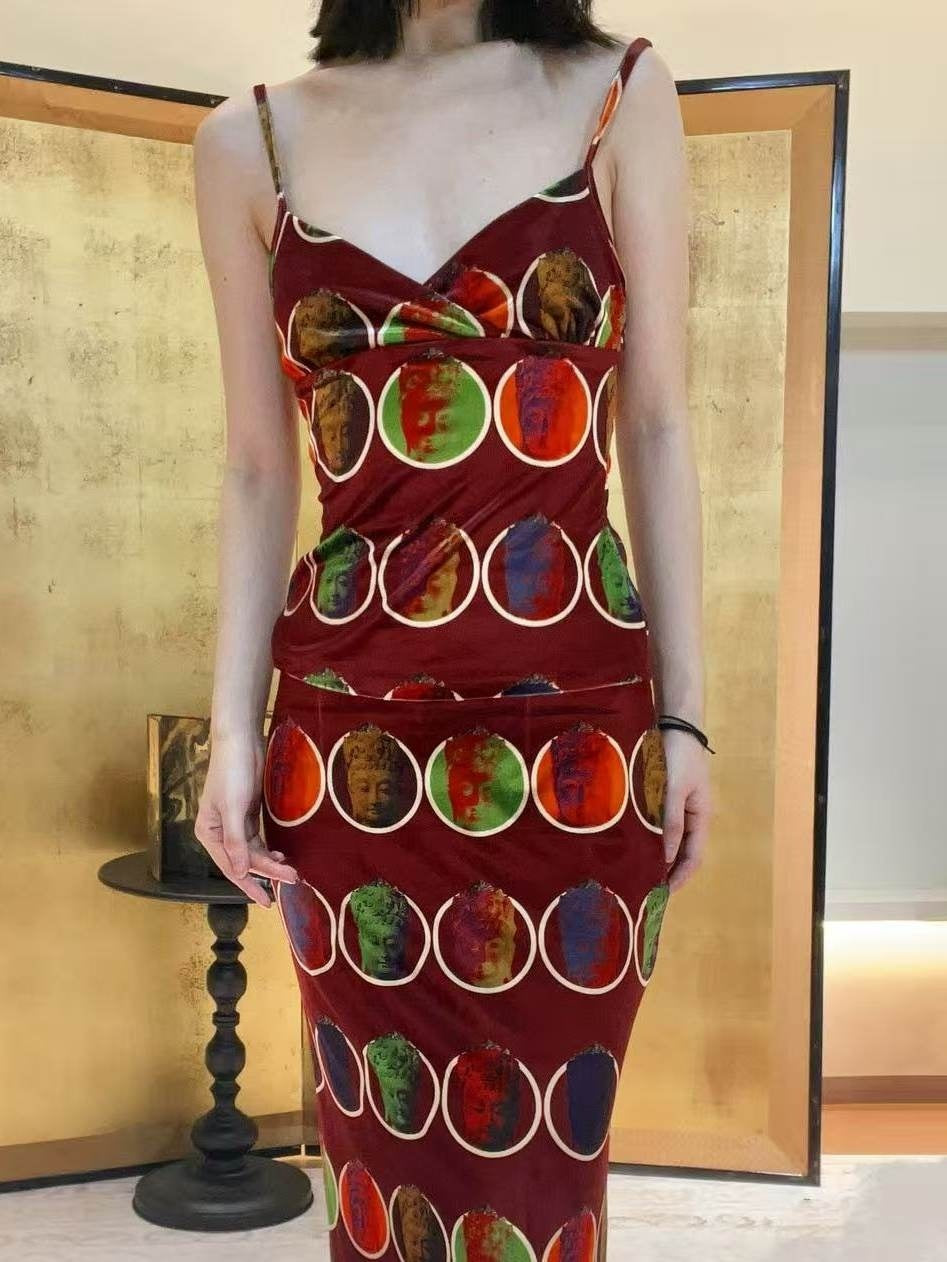 ANTIMOON_Thousand_Buddha_Print_Camisole_Vintage_Red_Women's_Velvet_Matching_Skirt_Sets_1037061630589_MISSTT