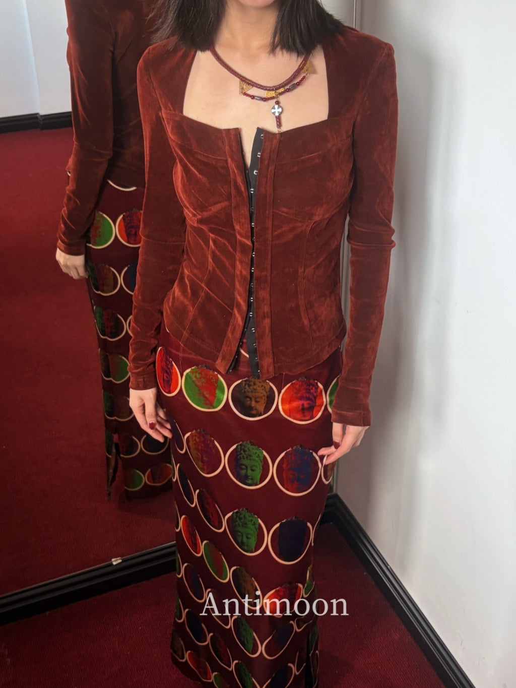 ANTIMOON_Thousand_Buddha_Print_Camisole_Vintage_Red_Women's_Velvet_Matching_Skirt_Sets_1037061630589_MISSTT