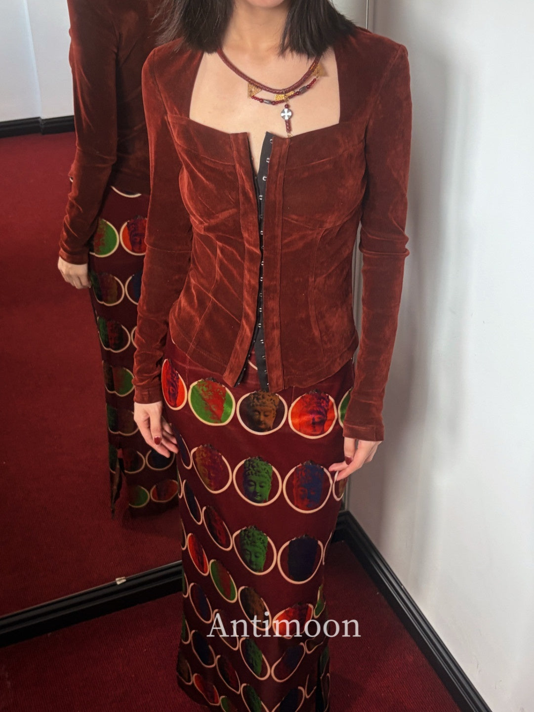 ANTIMOON_Thousand_Buddha_Print_Camisole_Vintage_Red_Women's_Velvet_Matching_Skirt_Sets_1037061630589_MISSTT