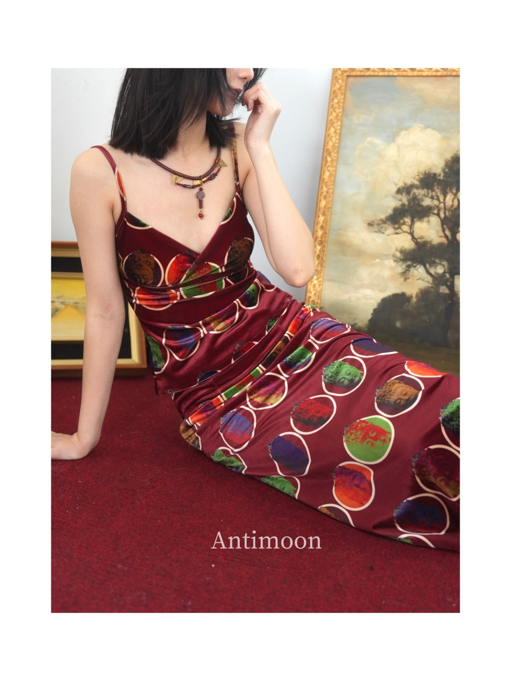 ANTIMOON_Thousand_Buddha_Print_Camisole_Vintage_Red_Women's_Velvet_Matching_Skirt_Sets_1037061630589_MISSTT