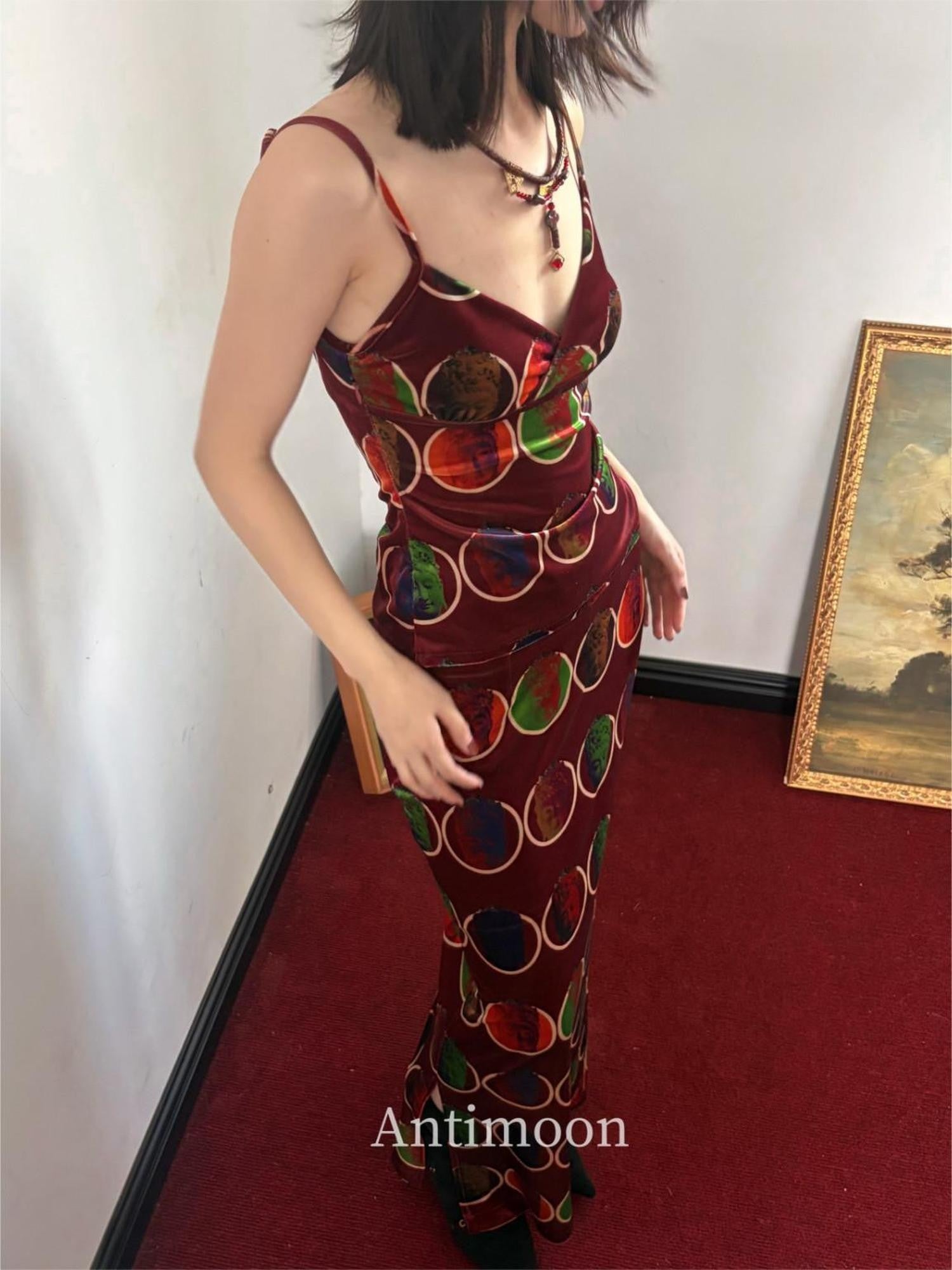 ANTIMOON Thousand Buddha Print Camisole Vintage Red Women's Velvet Matching Skirt Sets