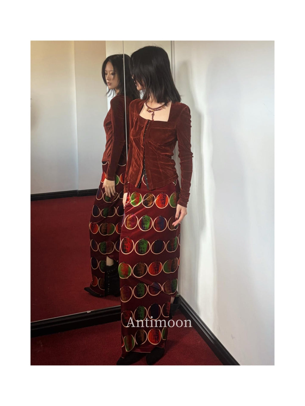 ANTIMOON Thousand Buddha Print Camisole Vintage Red Women's Velvet Matching Skirt Sets