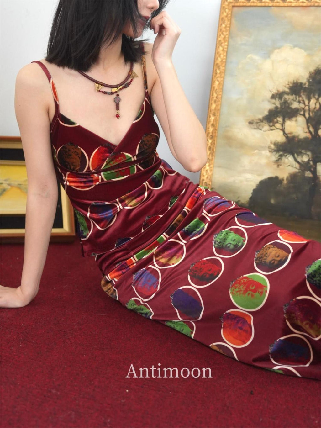 ANTIMOON Thousand Buddha Print Camisole Vintage Red Women's Velvet Matching Skirt Sets
