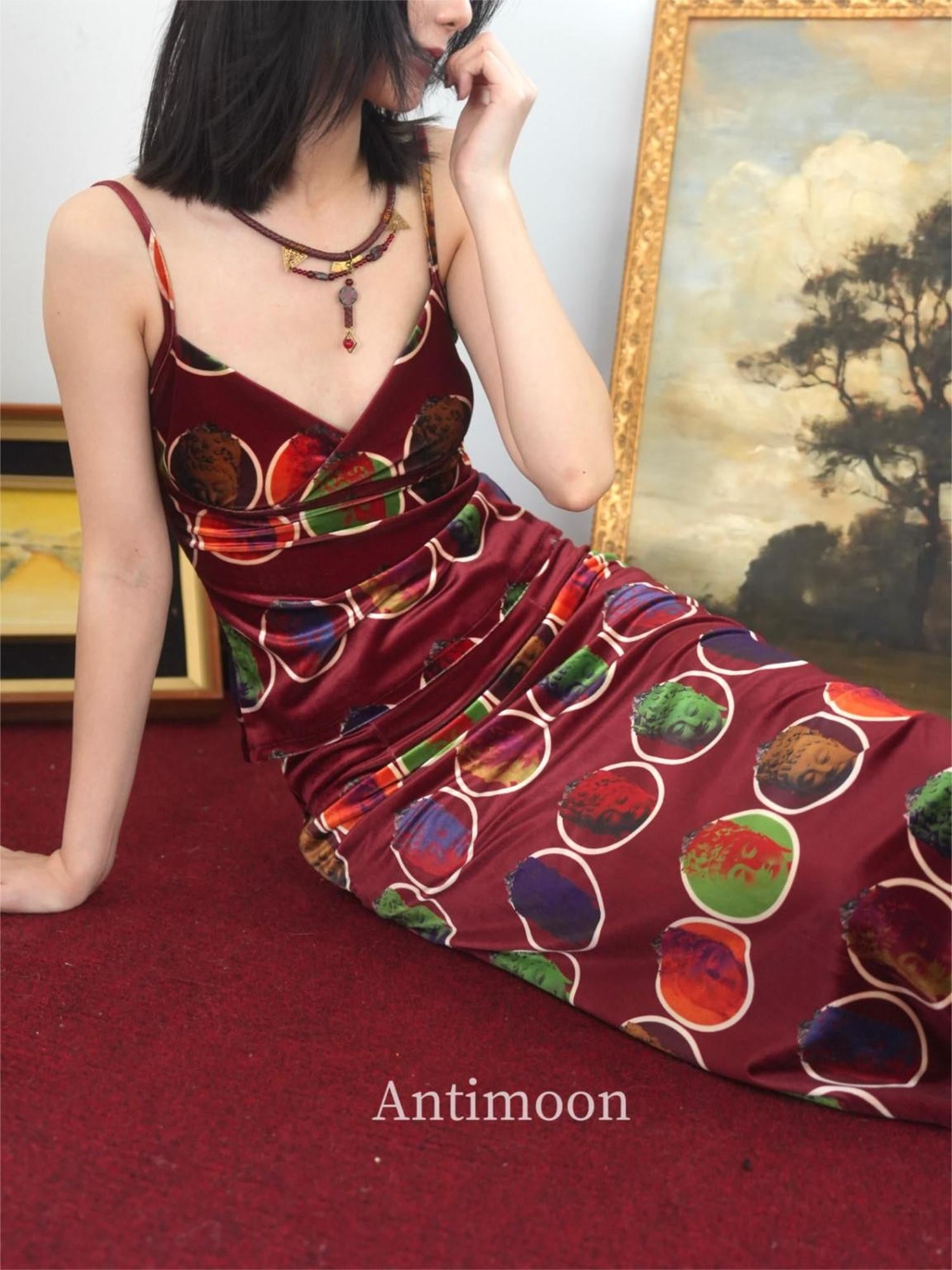ANTIMOON Thousand Buddha Print Camisole Vintage Red Women's Velvet Matching Skirt Sets