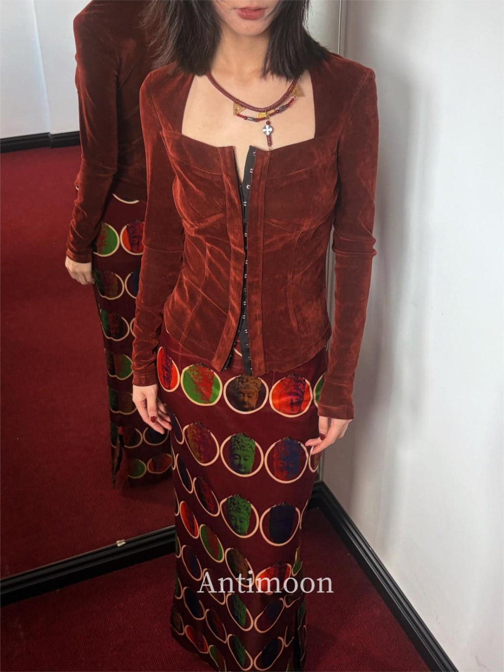 ANTIMOON Thousand Buddha Print Camisole Vintage Red Women's Velvet Matching Skirt Sets