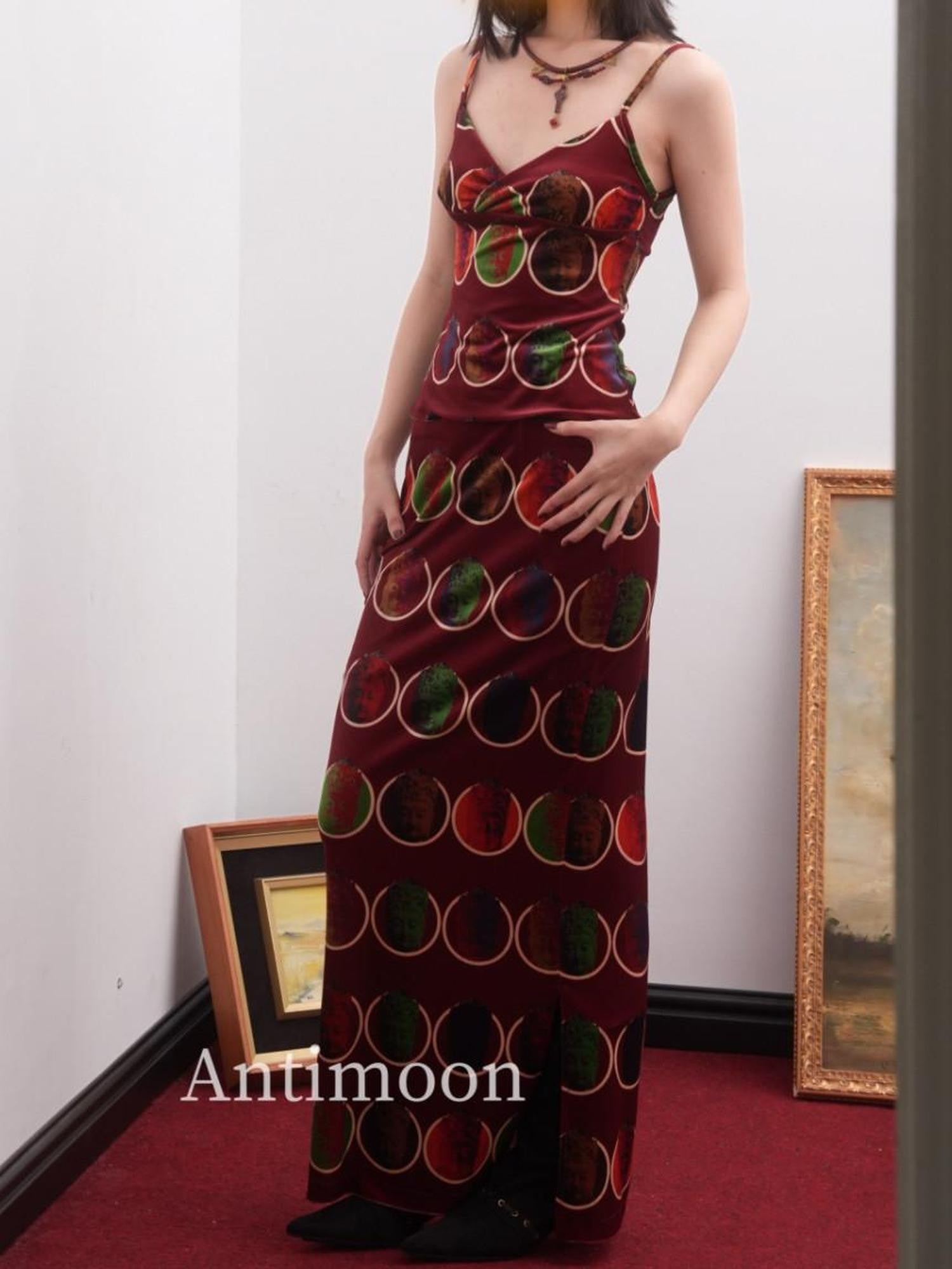 ANTIMOON Thousand Buddha Print Camisole Vintage Red Women's Velvet Matching Skirt Sets