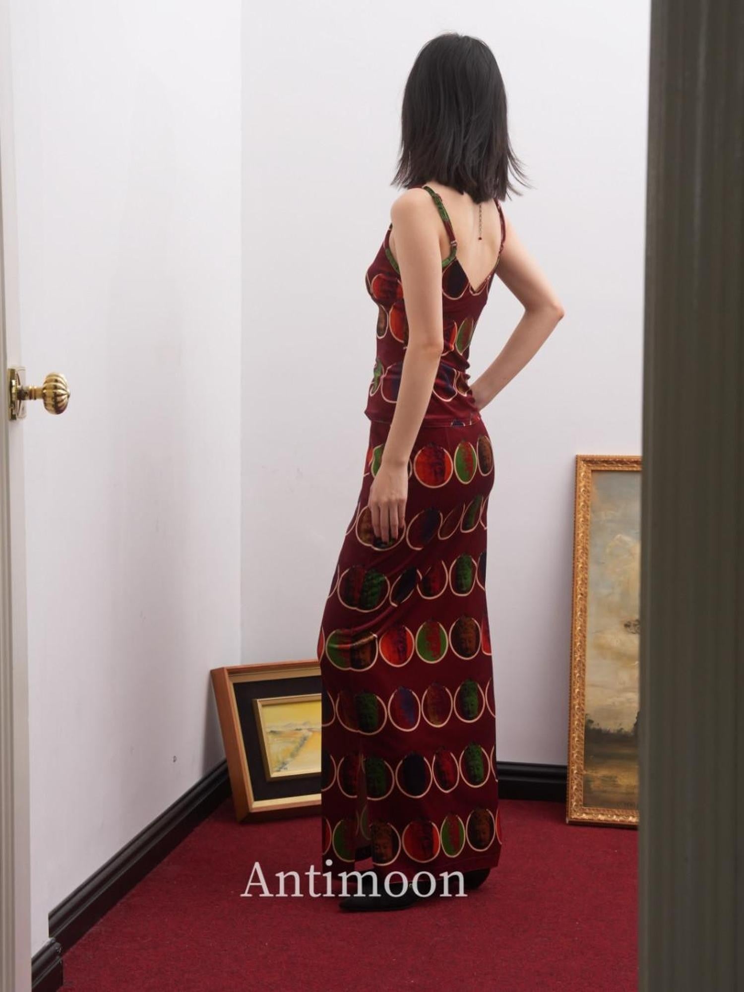 ANTIMOON Thousand Buddha Print Camisole Vintage Red Women's Velvet Matching Skirt Sets