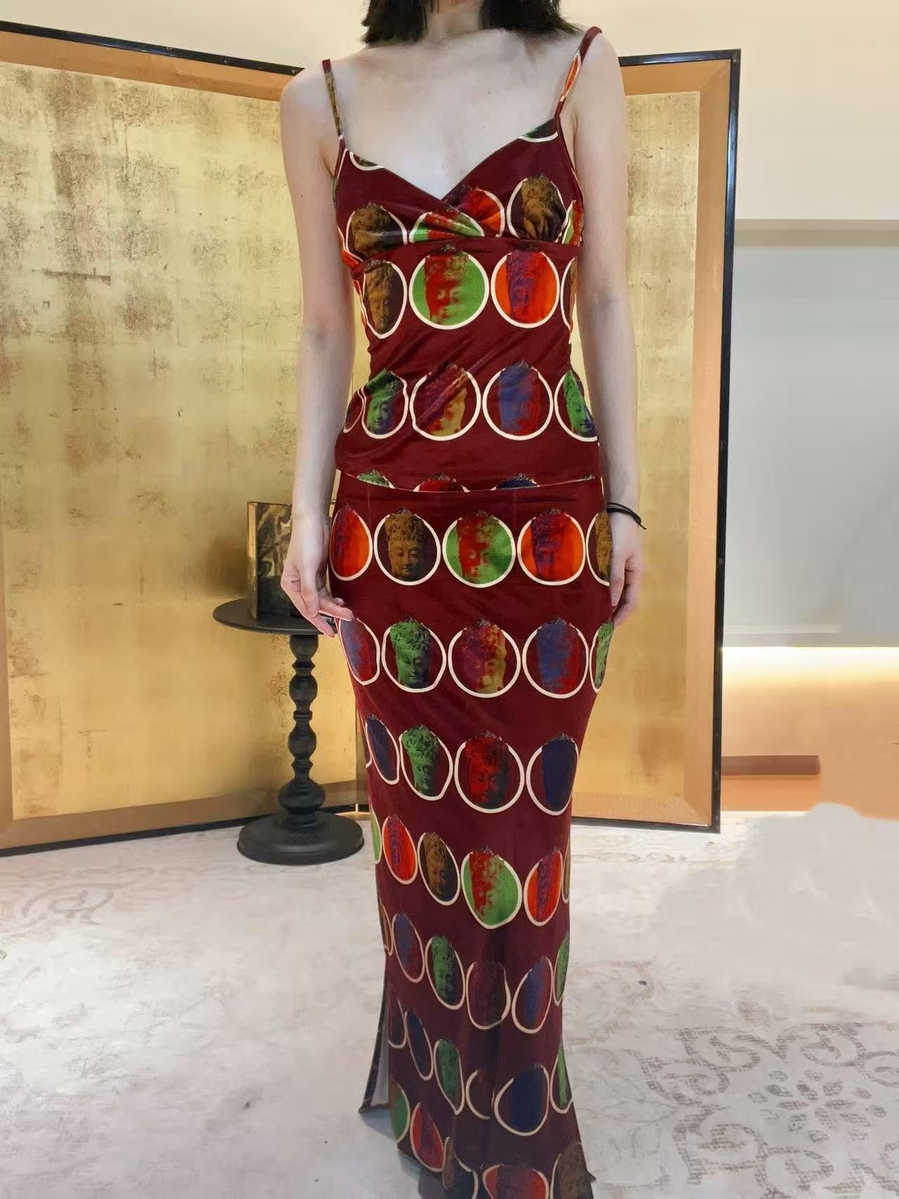ANTIMOON Thousand Buddha Print Camisole Vintage Red Women's Velvet Matching Skirt Sets