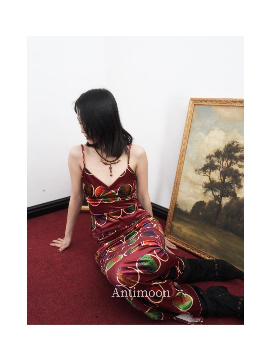 ANTIMOON Thousand Buddha Print Camisole Vintage Red Women's Velvet Matching Skirt Sets